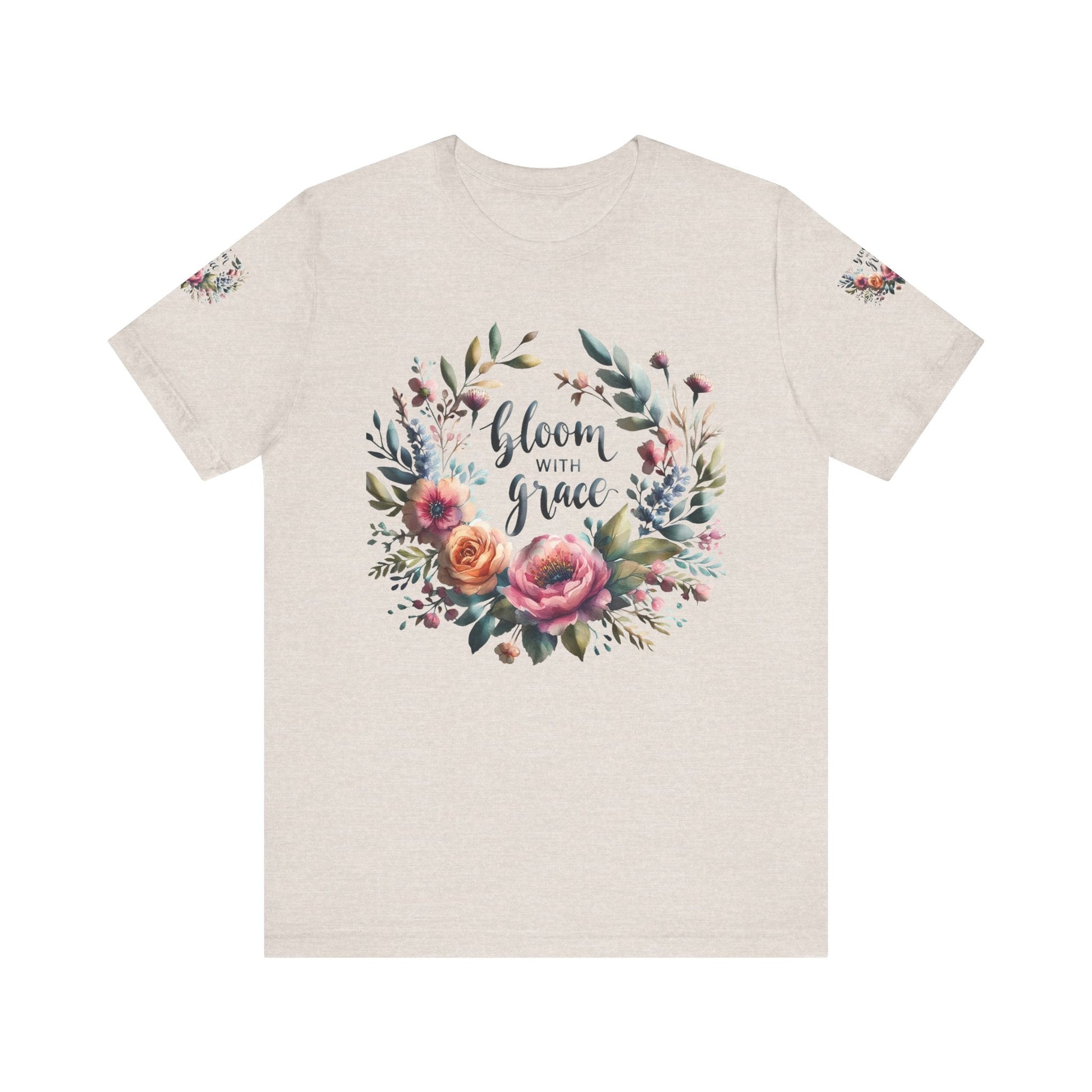 Floral Inspirational T-shirt with vibrant bloom design, perfect for spring fashion and motivational wear.