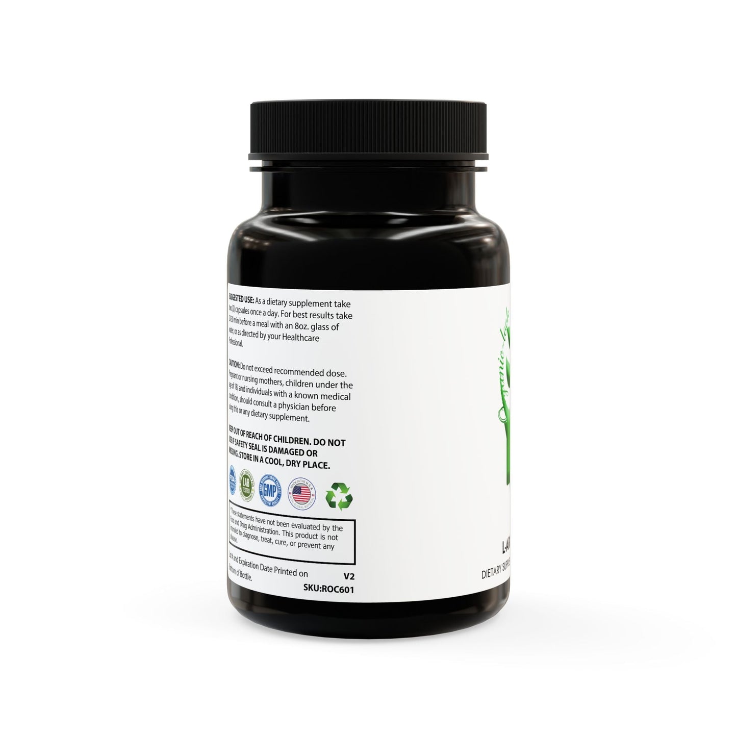 Black bottle of L-Arginine Supplement with white label, 60 capsules.
