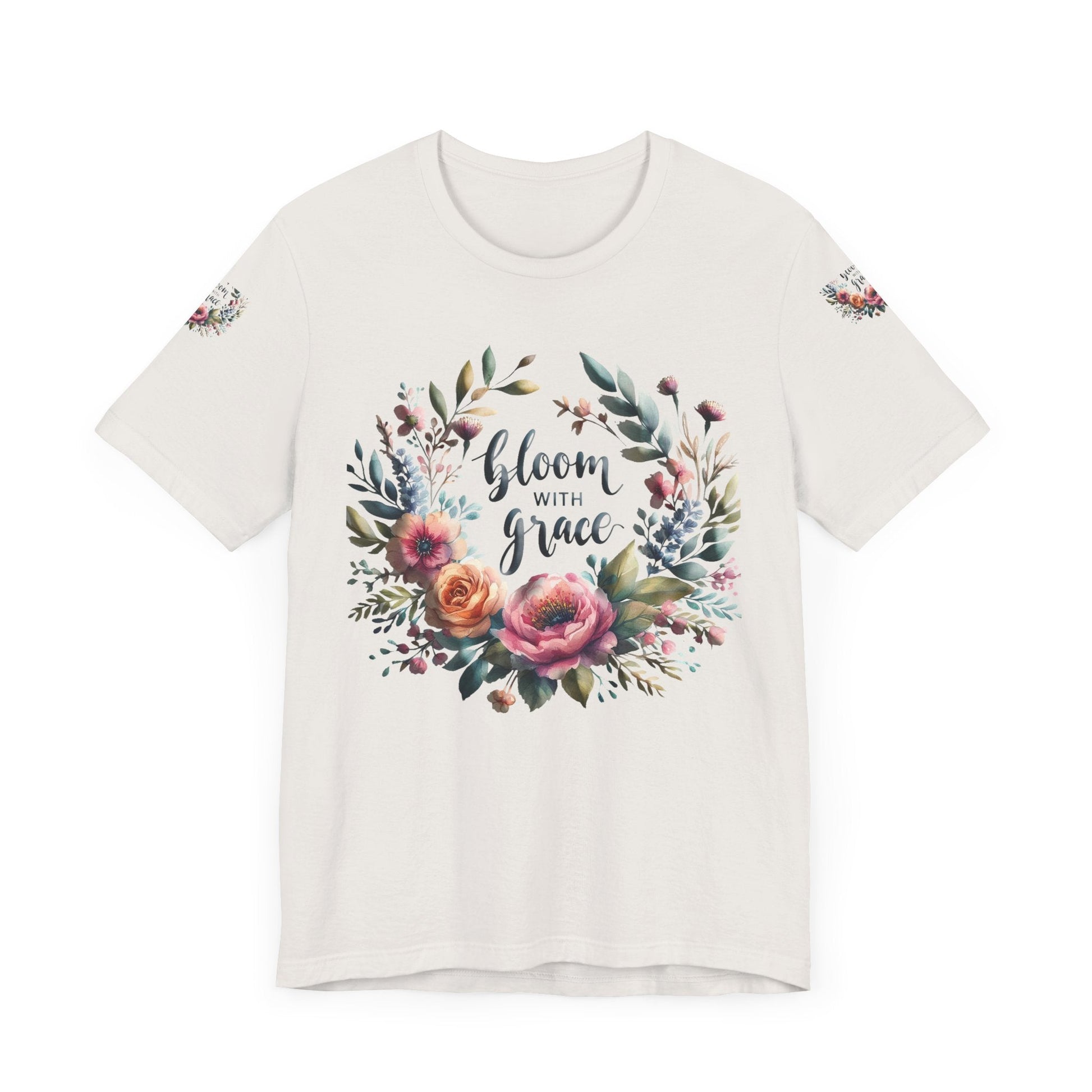 Floral Inspirational T-shirt with vibrant bloom design, perfect for spring fashion and motivational wear.