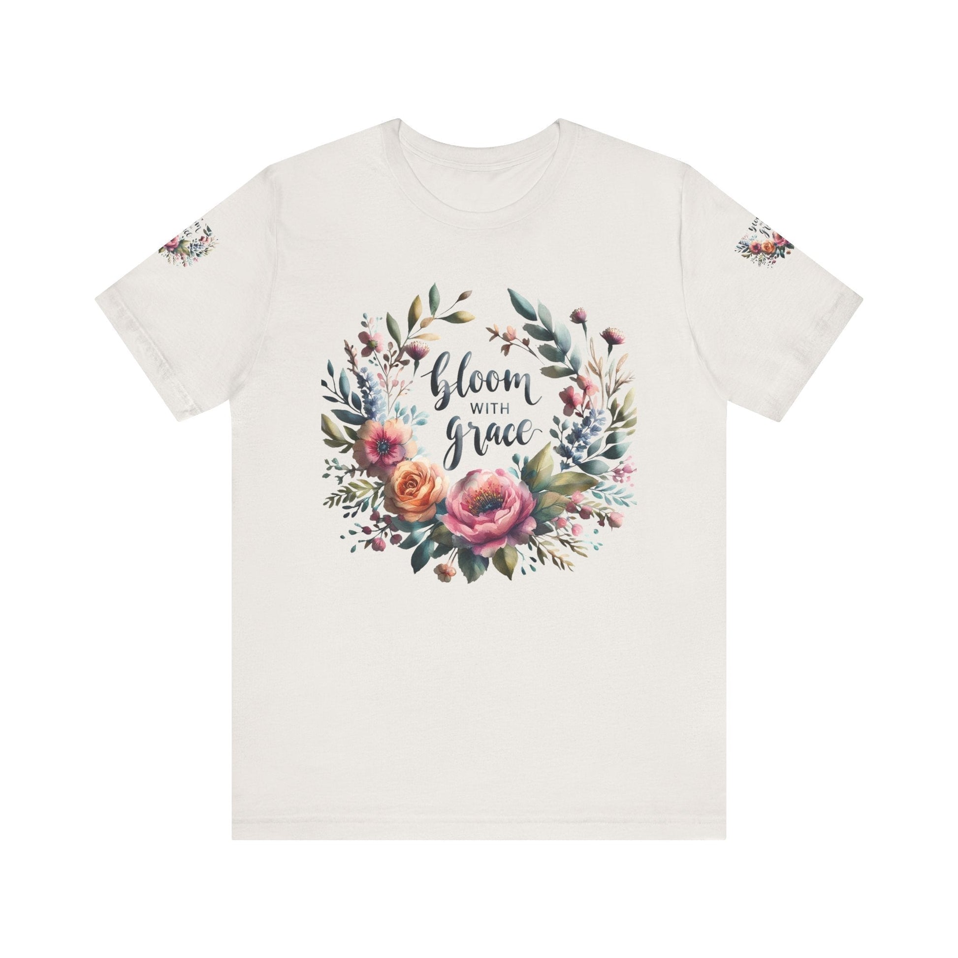 Floral Inspirational T-shirt with vibrant bloom design, perfect for spring fashion and motivational wear.