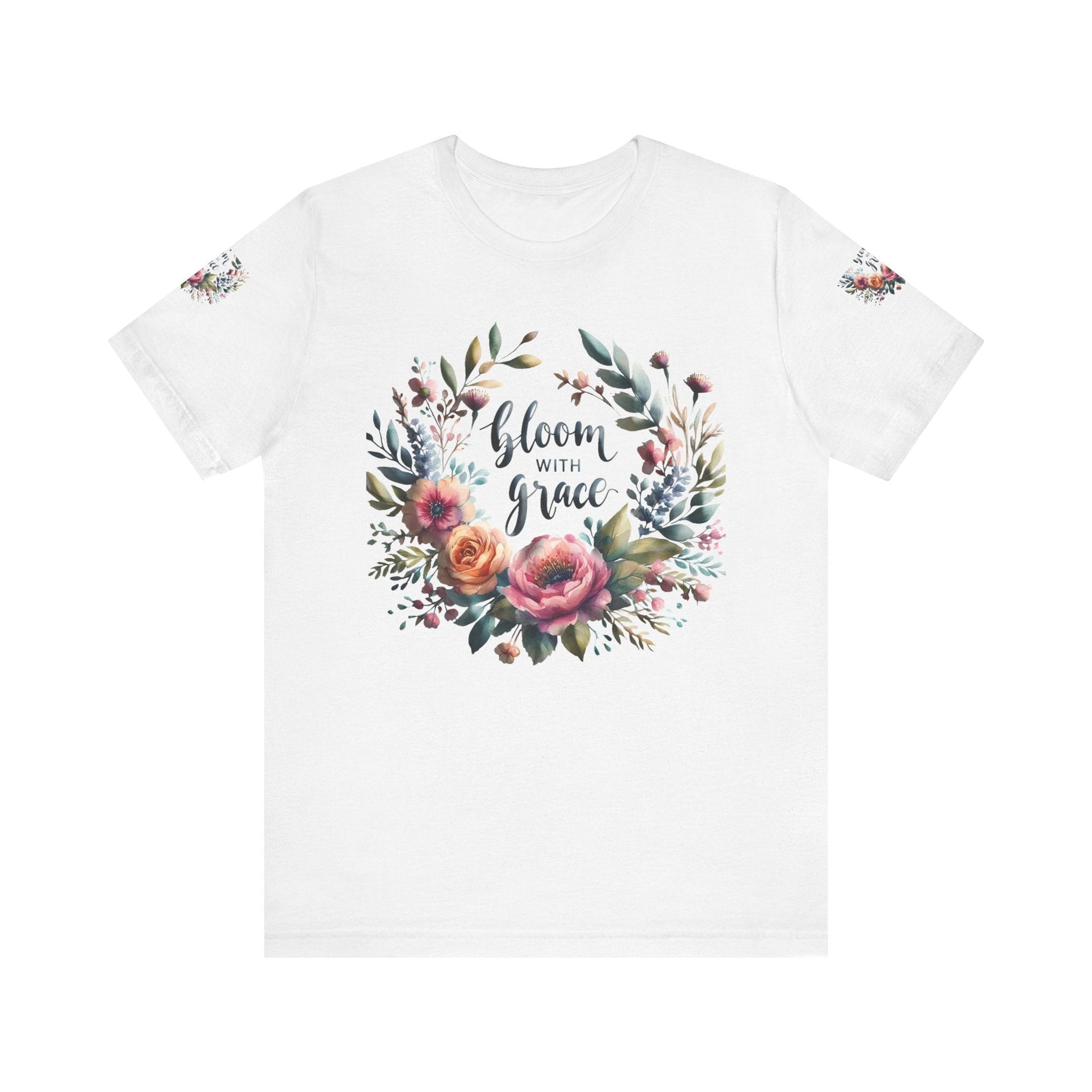 Floral Inspirational T-shirt with vibrant bloom design, perfect for spring fashion and motivational wear.