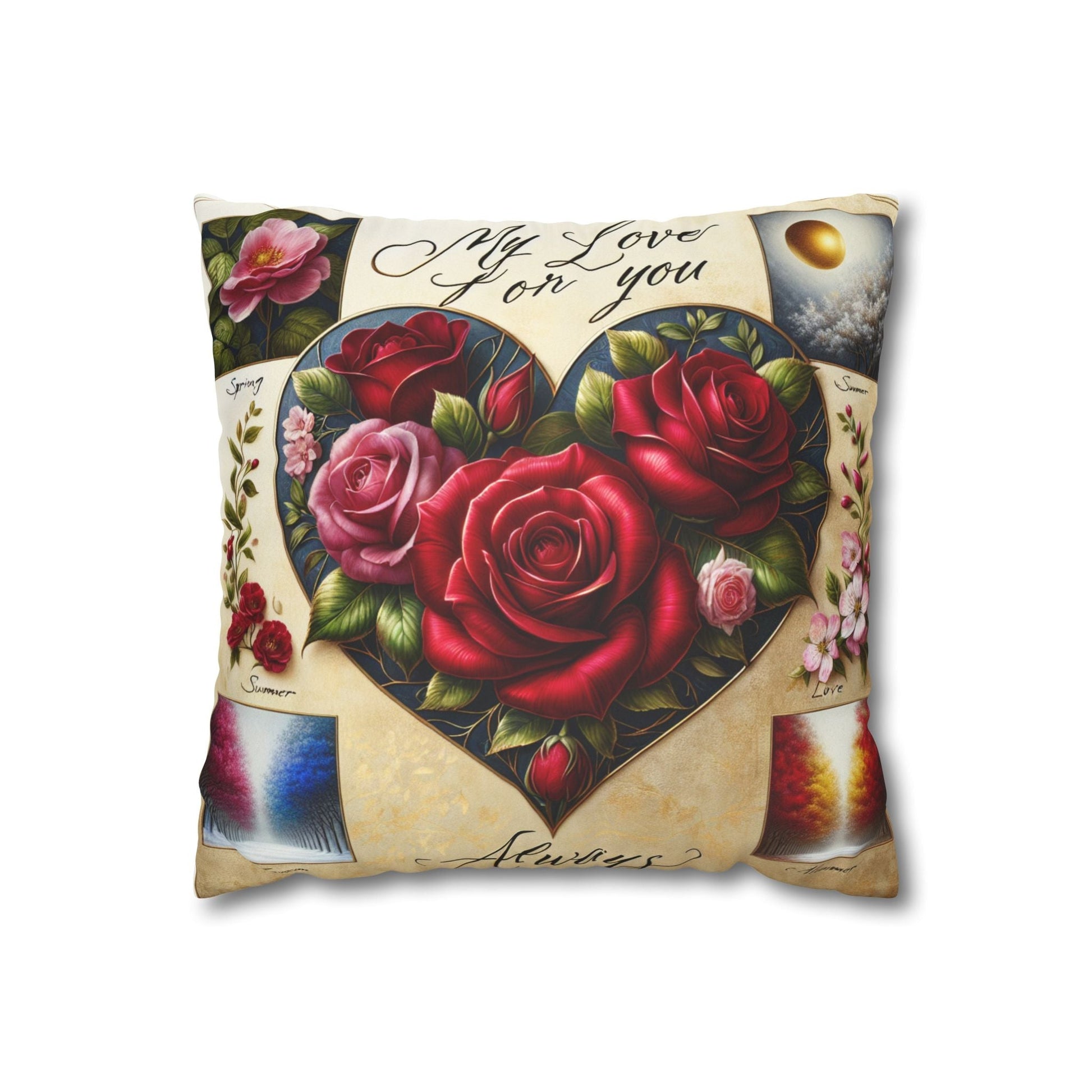 Faux suede square pillowcase with romantic heart and rose design, double-sided print.