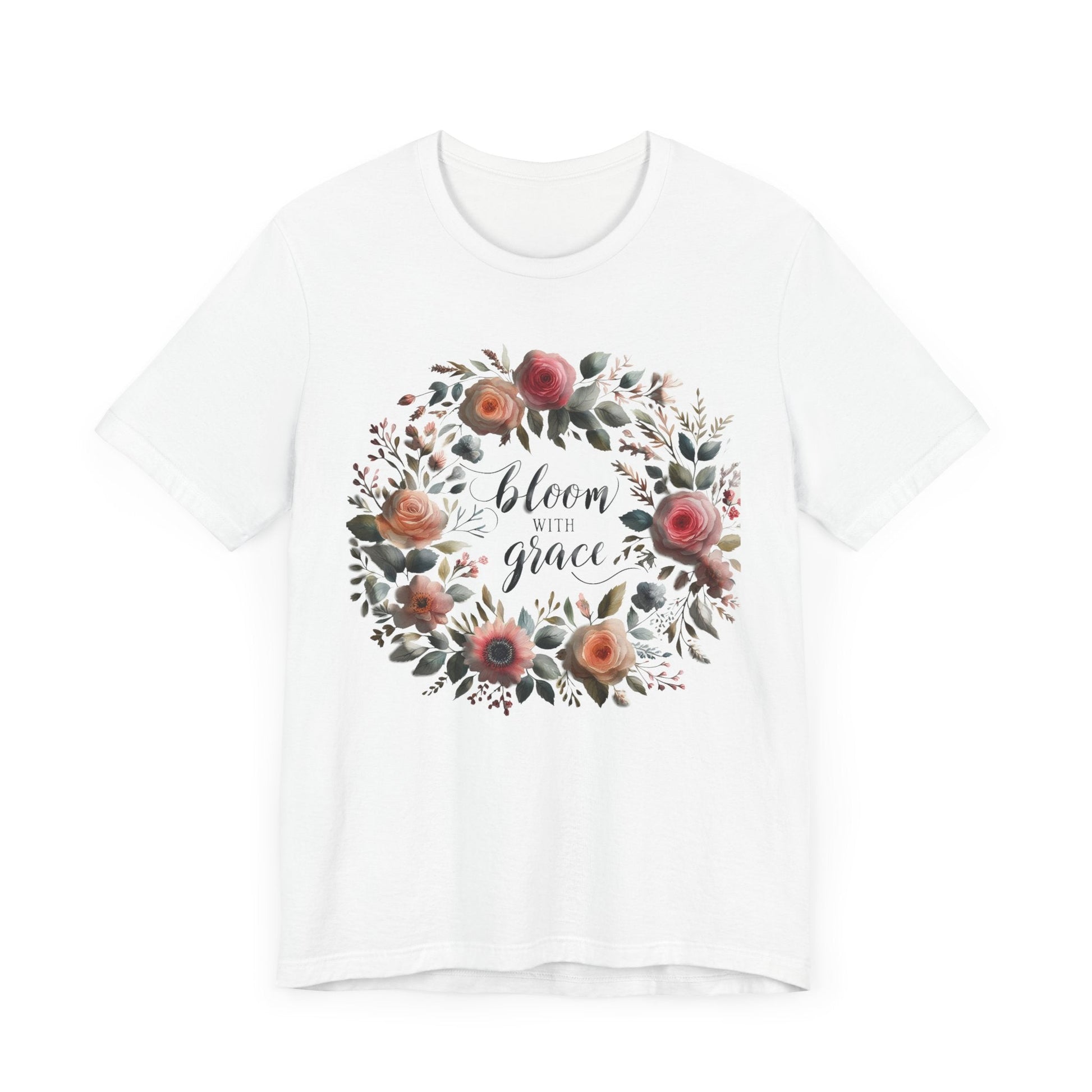 Bloom with Grace T-shirt with "Bloom with Grace" design, unisex jersey short sleeve, ideal spring outfit for nature lovers.