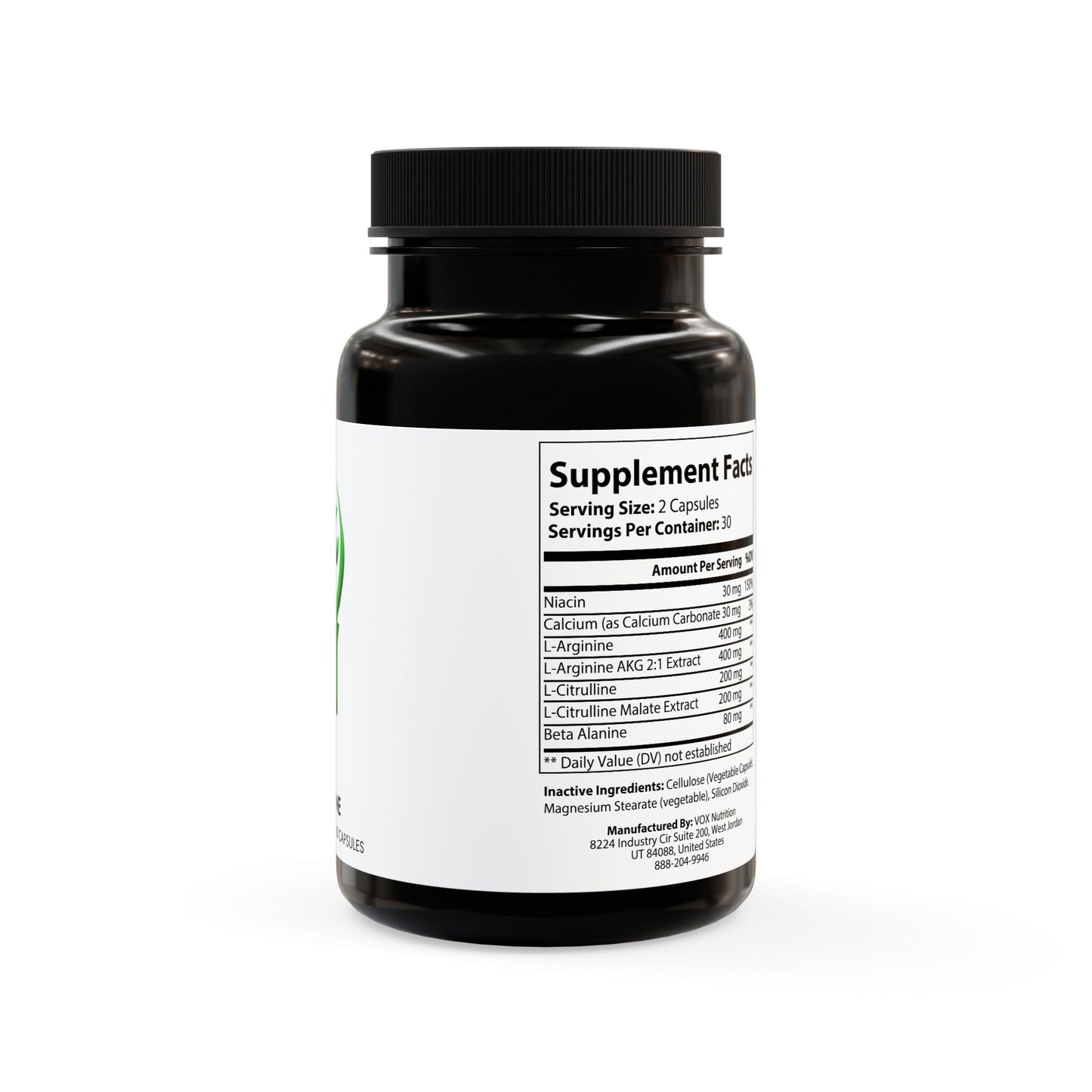 L-Arginine Supplement bottle showing nutrition facts label with key ingredients.