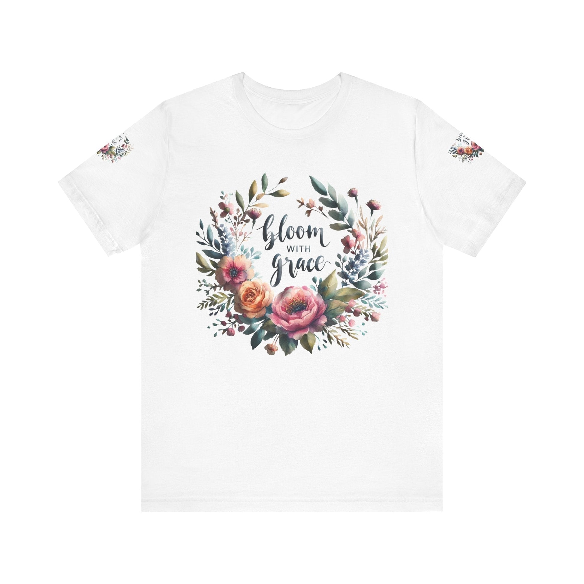 Floral Inspirational T-shirt with vibrant bloom design, perfect for spring fashion and motivational wear.Floral Inspirational Tee with vibrant "Bloom with Grace" design, perfect for everyday wear and gifts.