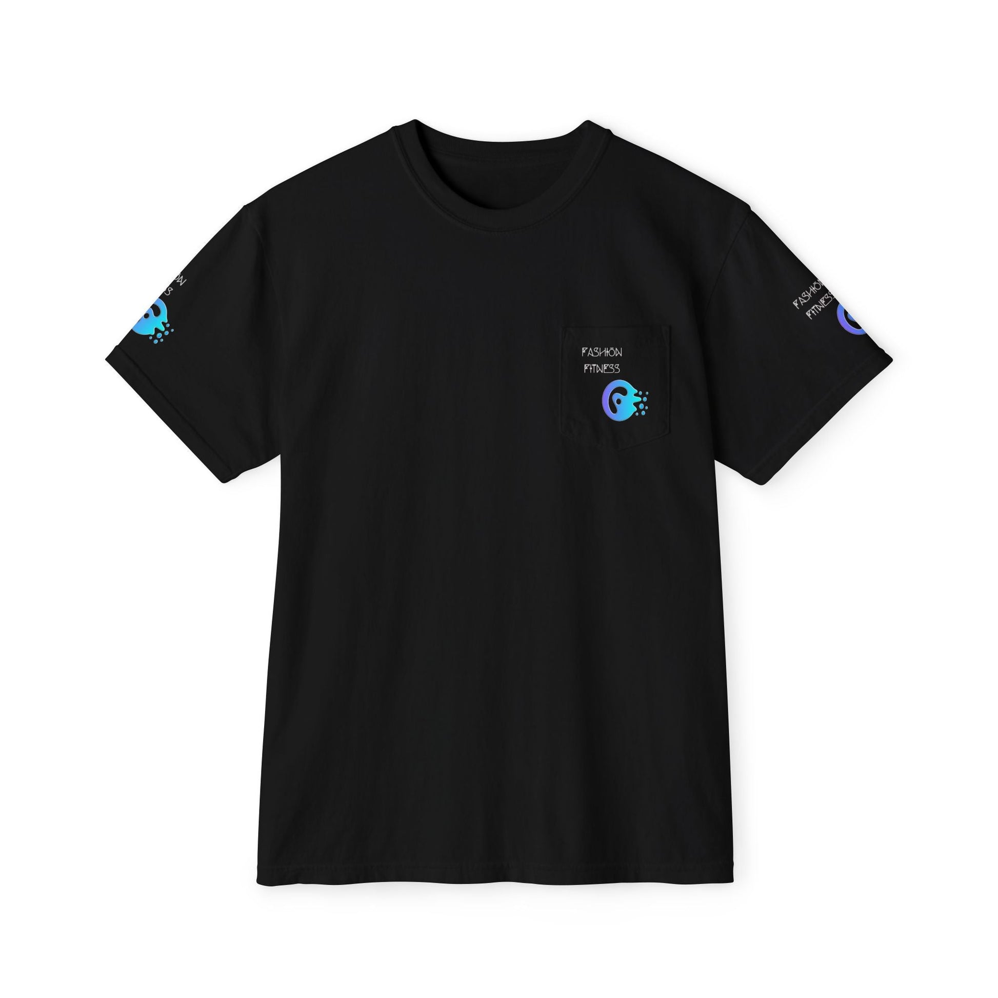 Unisex Garment-Dyed Pocket T-Shirt in black with chest pocket and vibrant eco-friendly graphics.