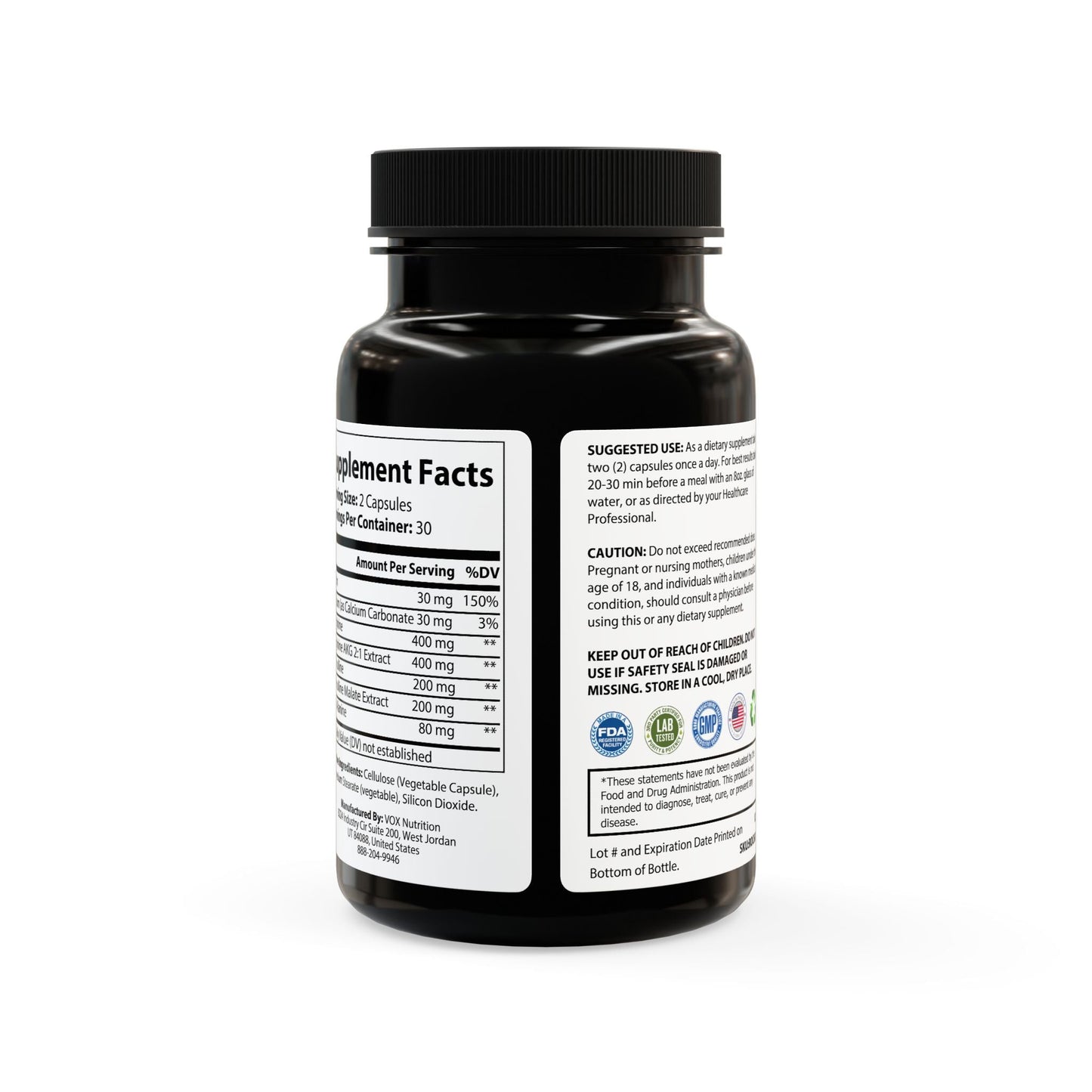L-Arginine Supplement bottle with label showing ingredients and supplement facts.