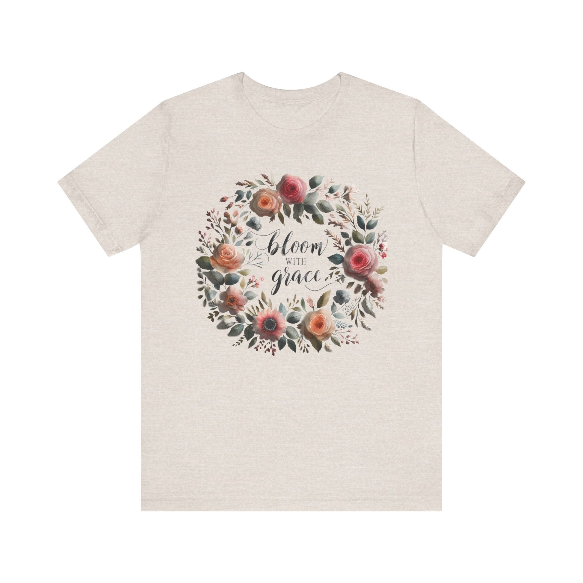 Bloom with Grace T-shirt with "Bloom with Grace" design, unisex jersey short sleeve, ideal spring outfit for nature lovers.