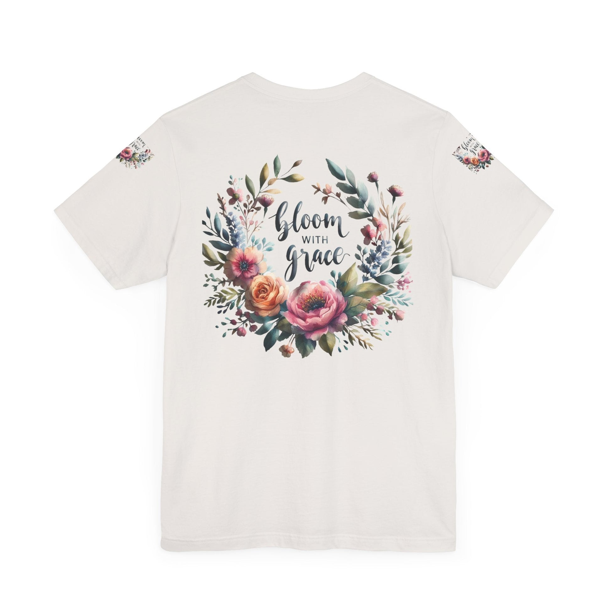 Floral Inspirational T-shirt with vibrant bloom design, perfect for spring fashion and motivational wear.