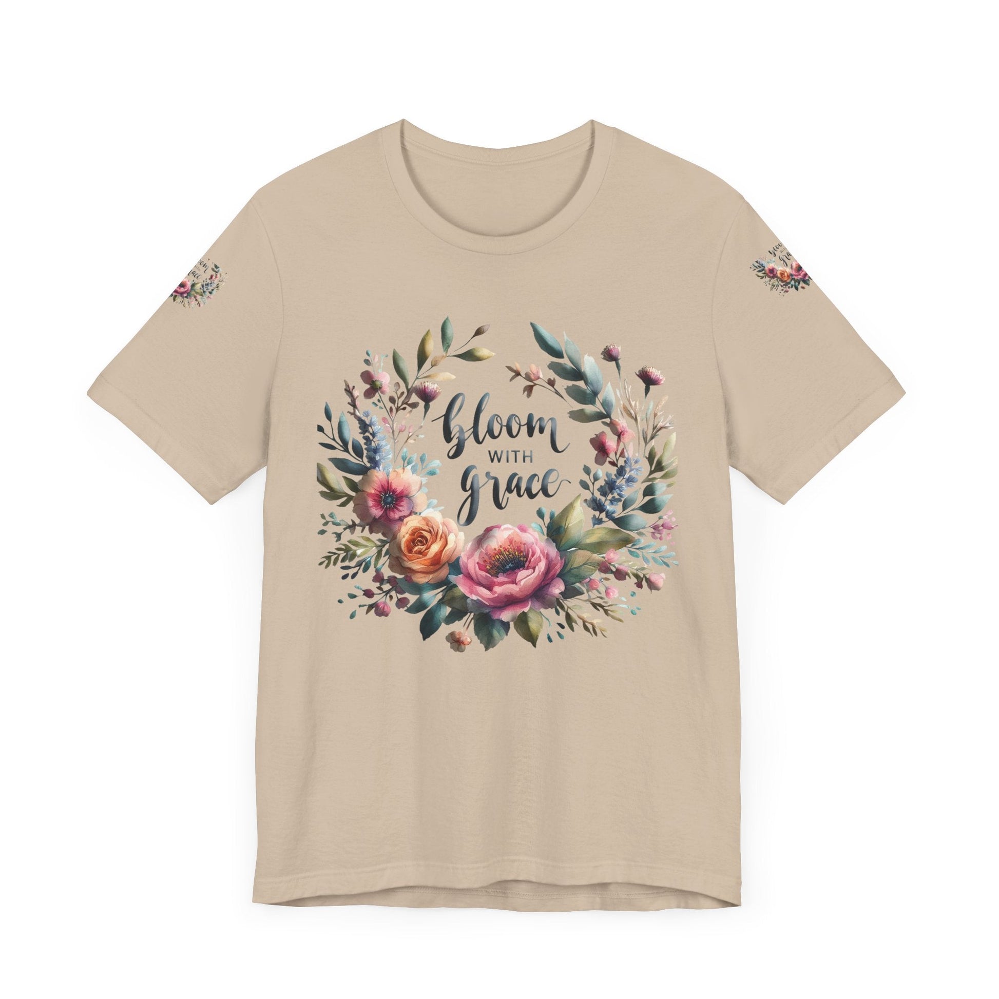 Floral Inspirational T-shirt with vibrant bloom design, perfect for spring fashion and motivational wear.