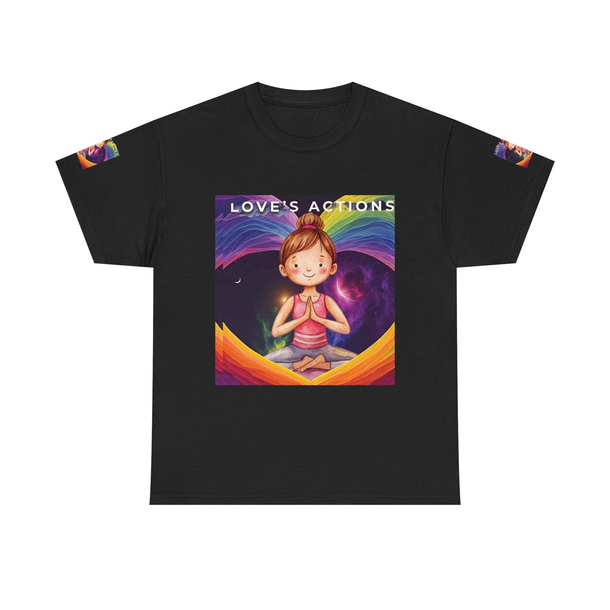 Unisex Heavy Cotton T-shirt with "Love's Action" book cover featuring a meditative figure, promoting resilience and positivity.
