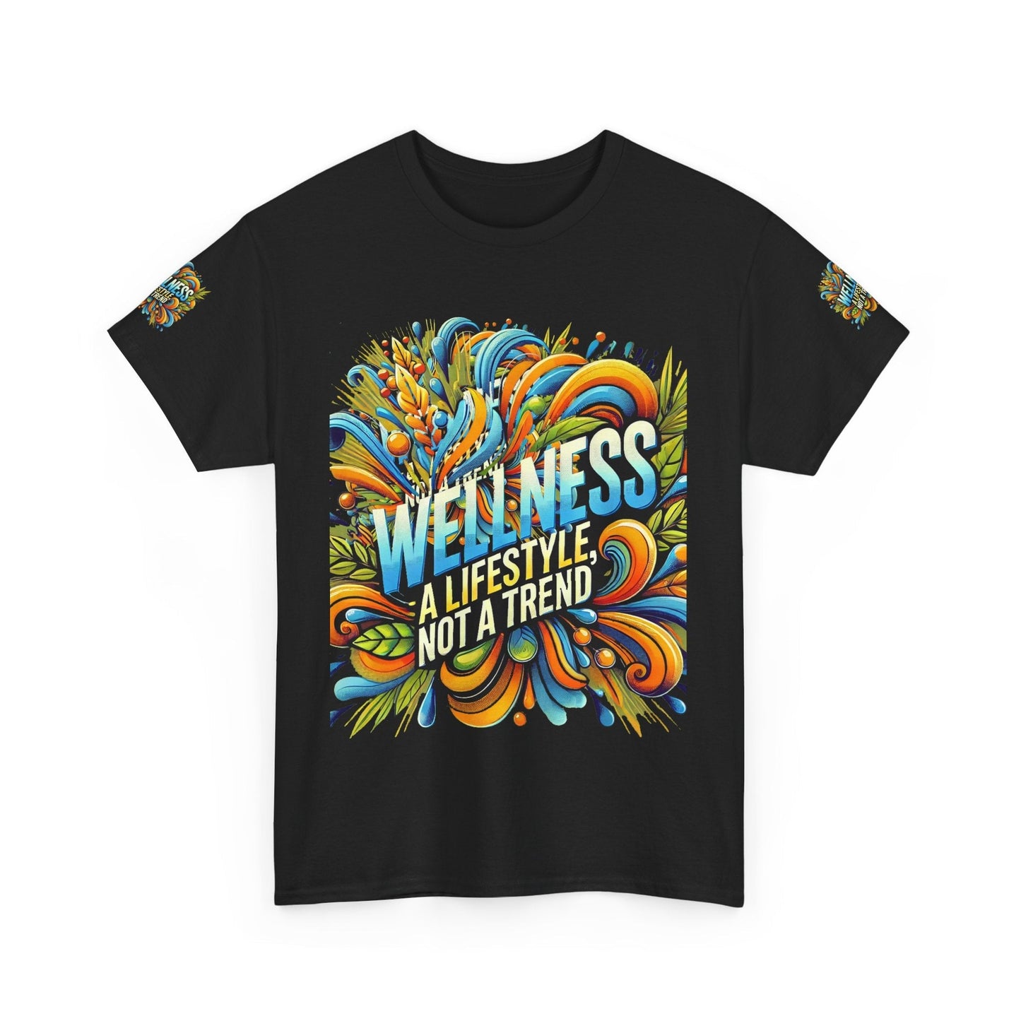 Unisex Heavy Cotton Tee with vibrant "Wellness A Lifestyle Not a Trend" graphic design.