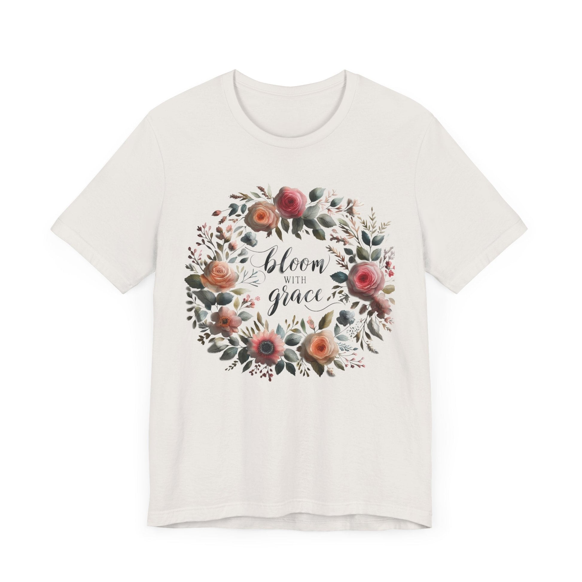 Bloom with Grace T-shirt with "Bloom with Grace" design, unisex jersey short sleeve, ideal spring outfit for nature lovers.