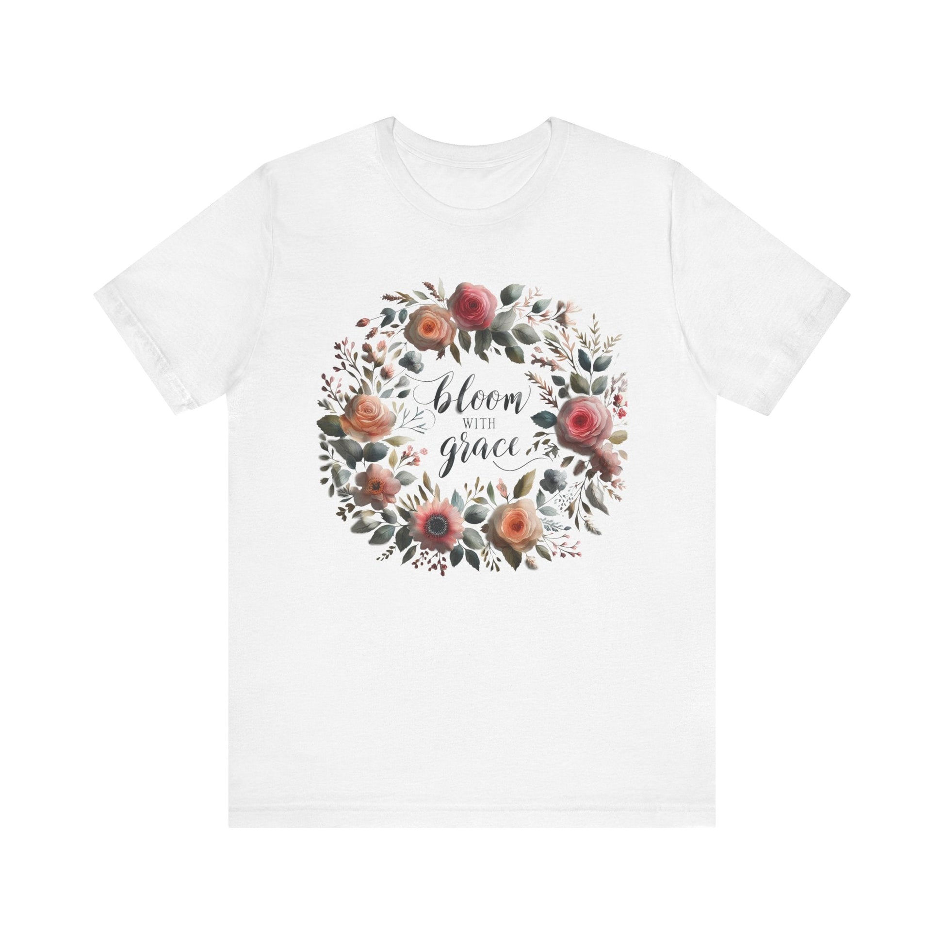 Bloom with Grace T-shirt with "Bloom with Grace" design, unisex jersey short sleeve, ideal spring outfit for nature lovers.