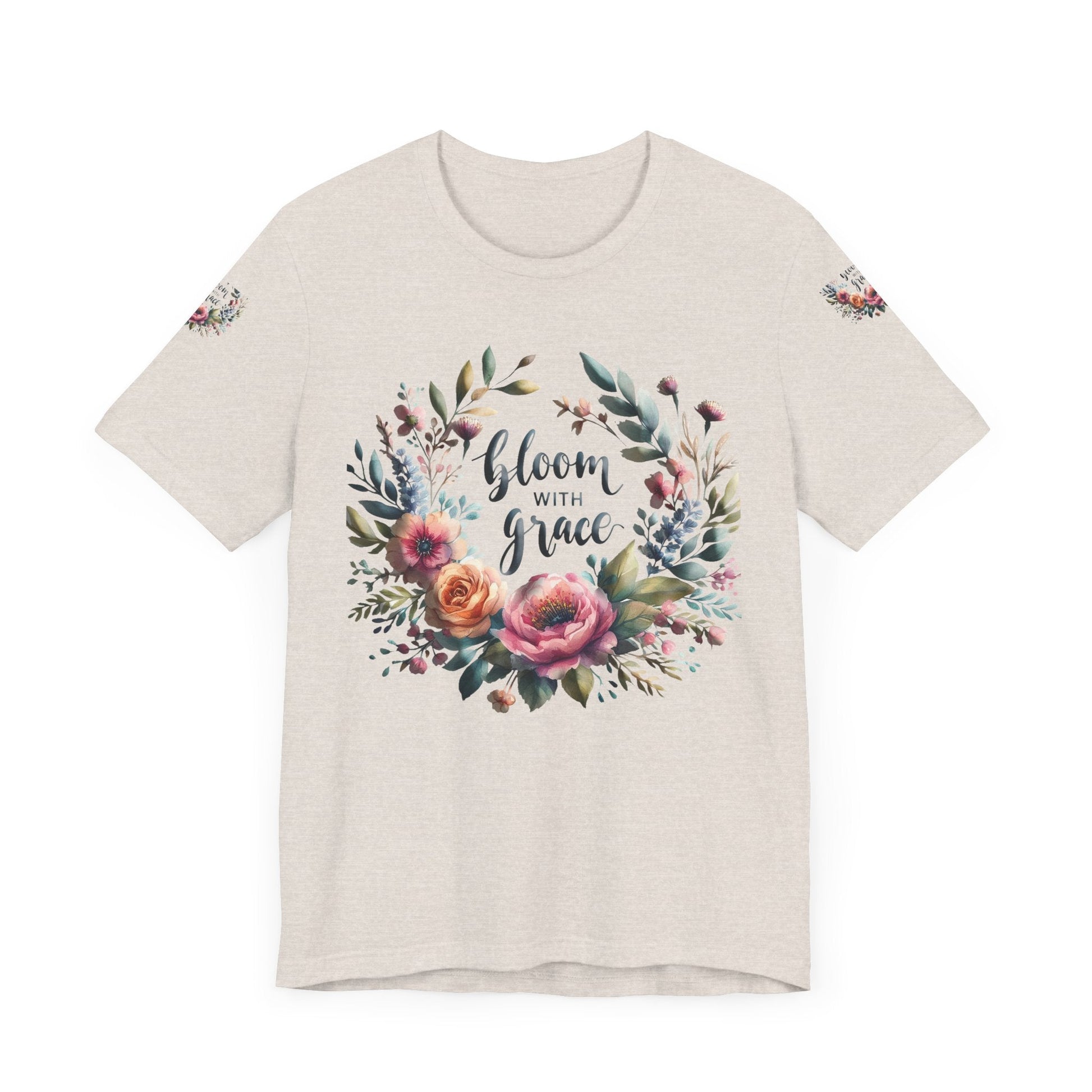Floral Inspirational T-shirt with vibrant bloom design, perfect for spring fashion and motivational wear.