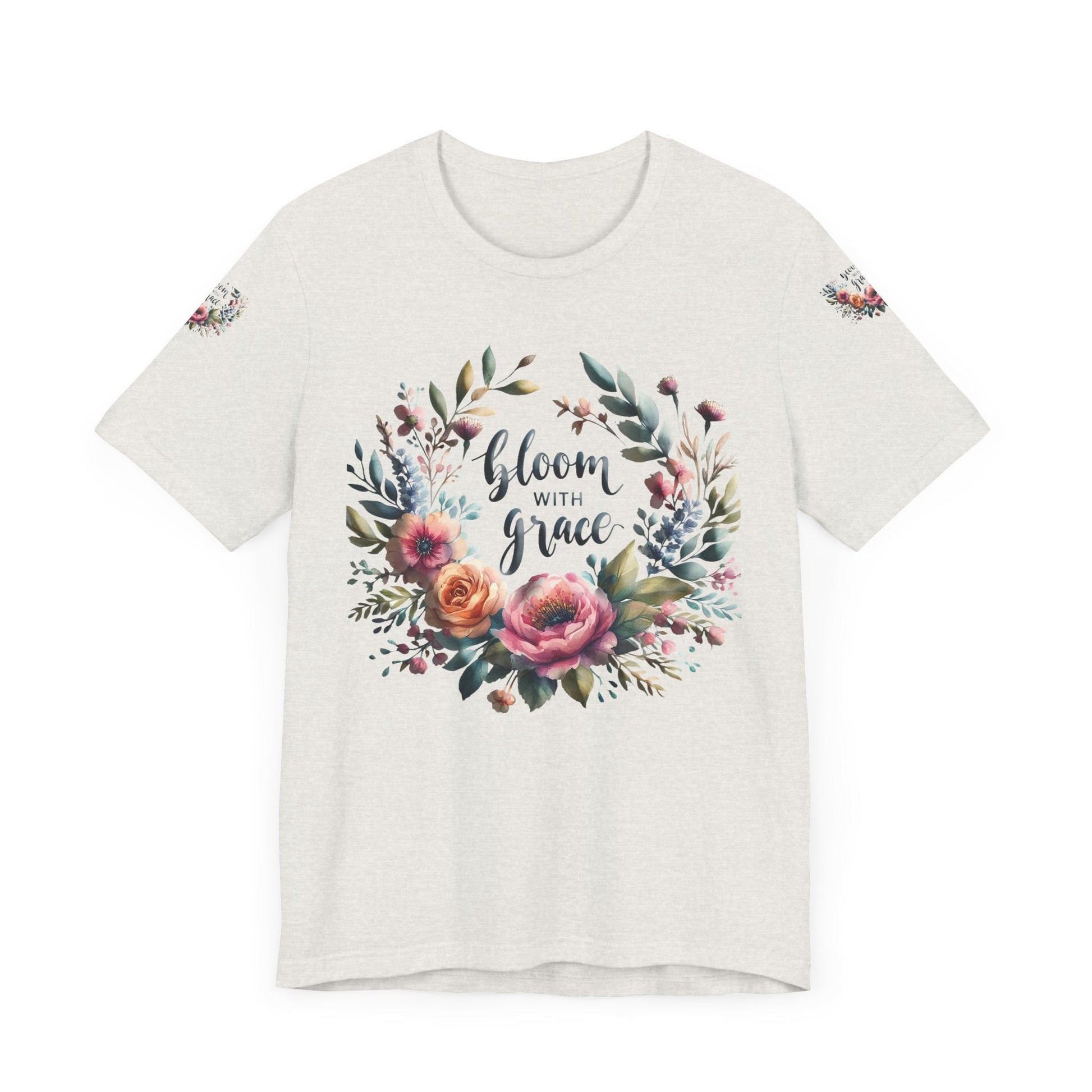 Floral Inspirational T-shirt with vibrant bloom design, perfect for spring fashion and motivational wear.