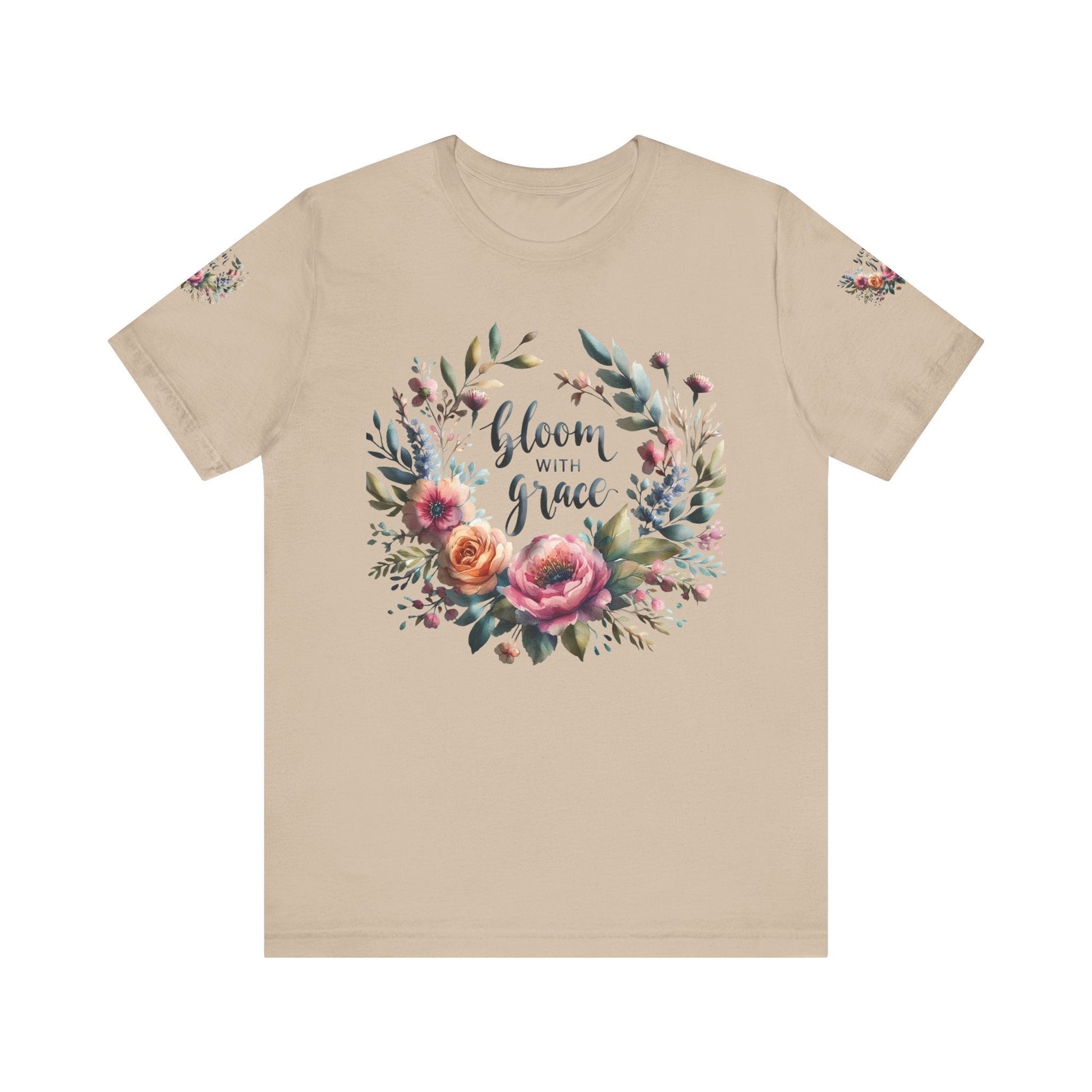 Floral Inspirational T-shirt with vibrant bloom design, perfect for spring fashion and motivational wear.