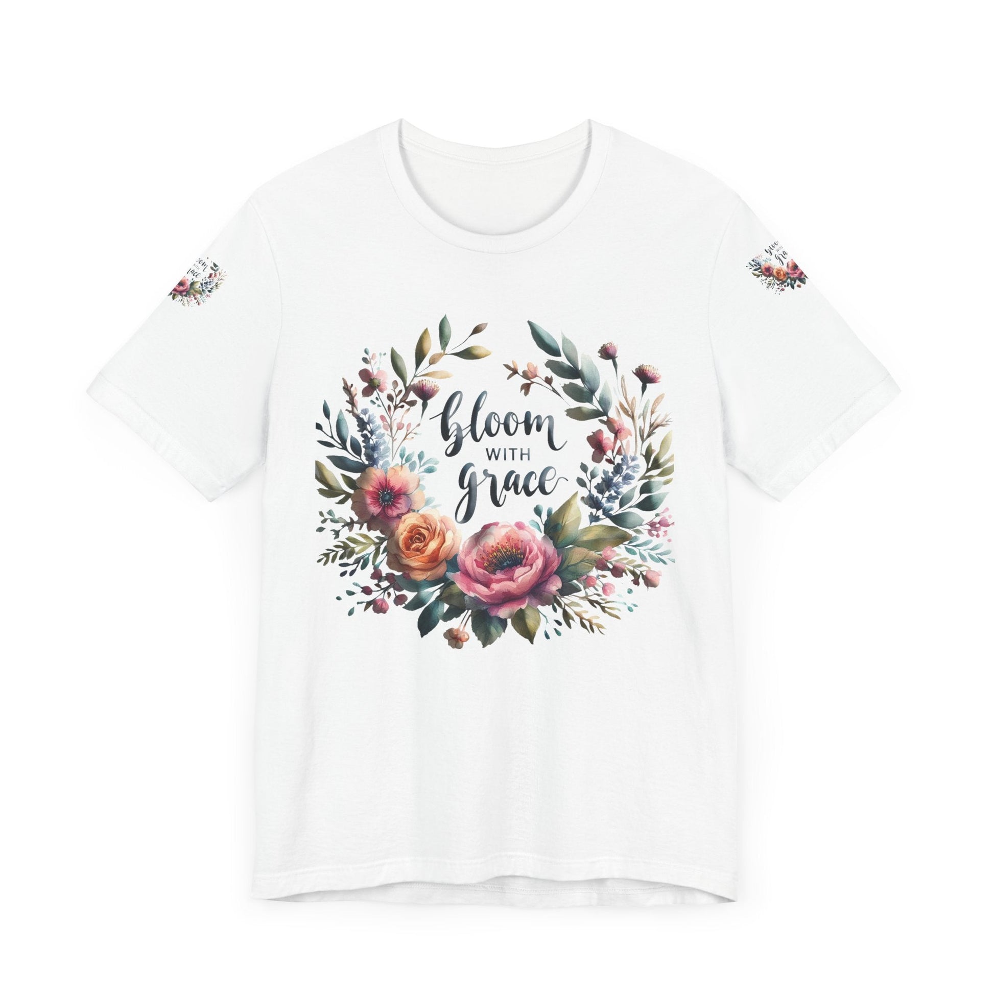 Floral Inspirational T-shirt with vibrant bloom design, perfect for spring fashion and motivational wear.