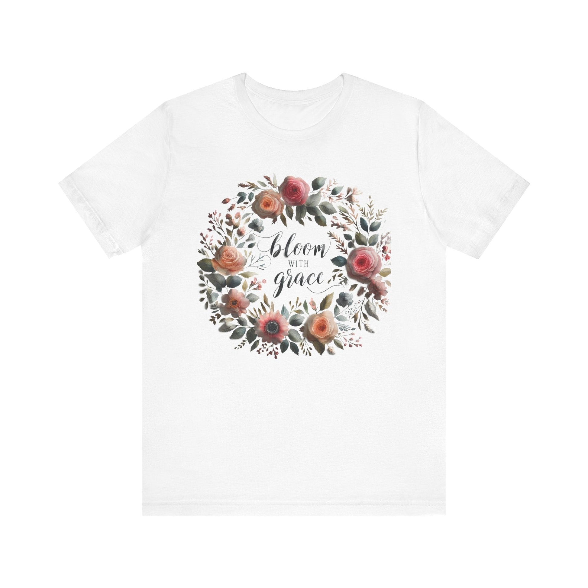 Bloom with Grace T-shirt with "Bloom with Grace" design, unisex jersey short sleeve, ideal spring outfit for nature lovers.