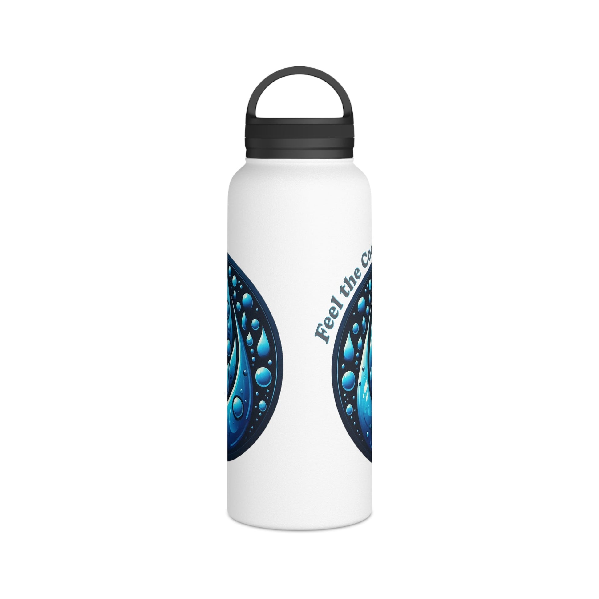 Blue Water Drop Stainless Steel Water Bottle with Handle Lid, Double-Wall Insulation, 12oz, 18oz, 32oz Sizes.