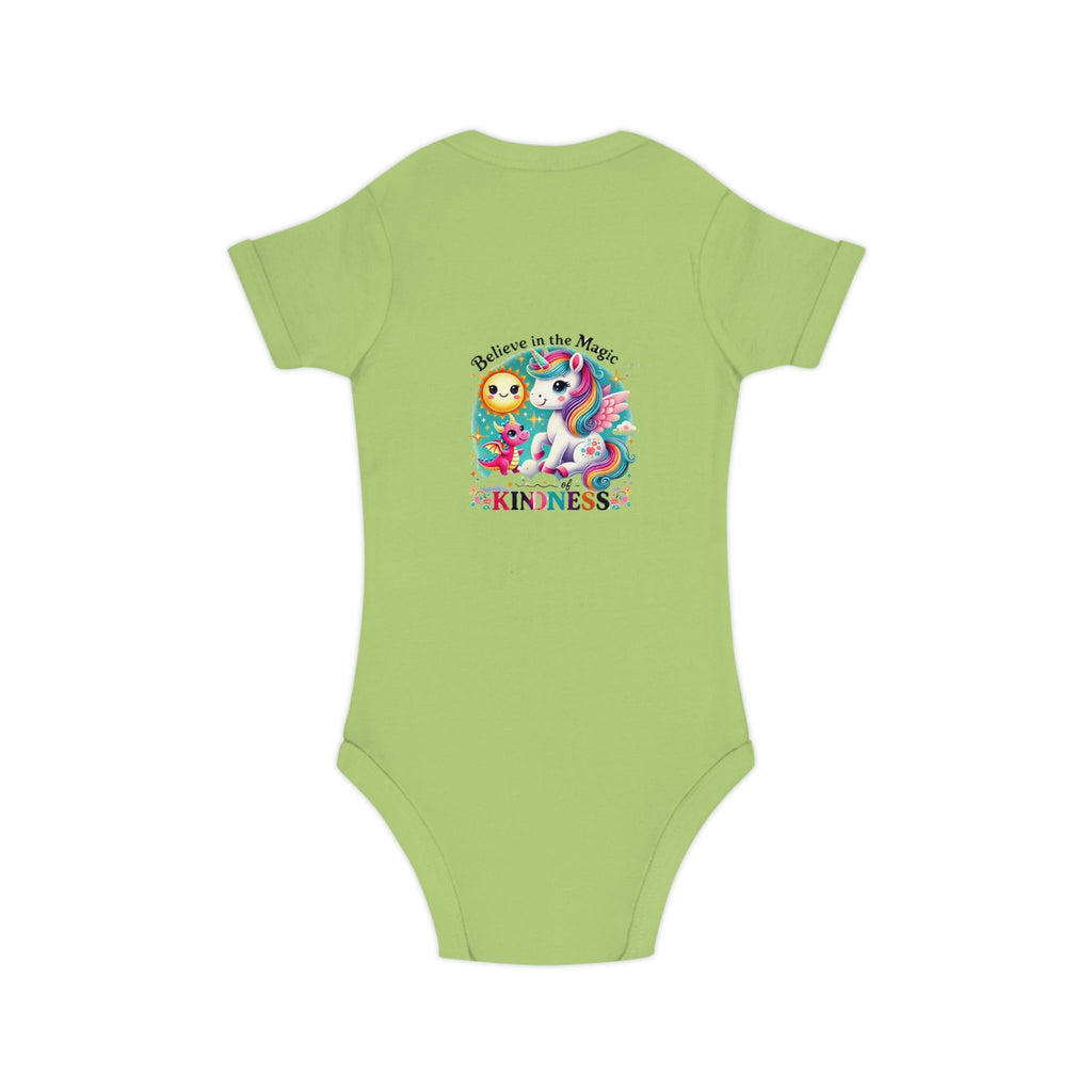 Combed Cotton Baby Bodysuit with "Believe in the Magic of Kindness" design on green fabric.