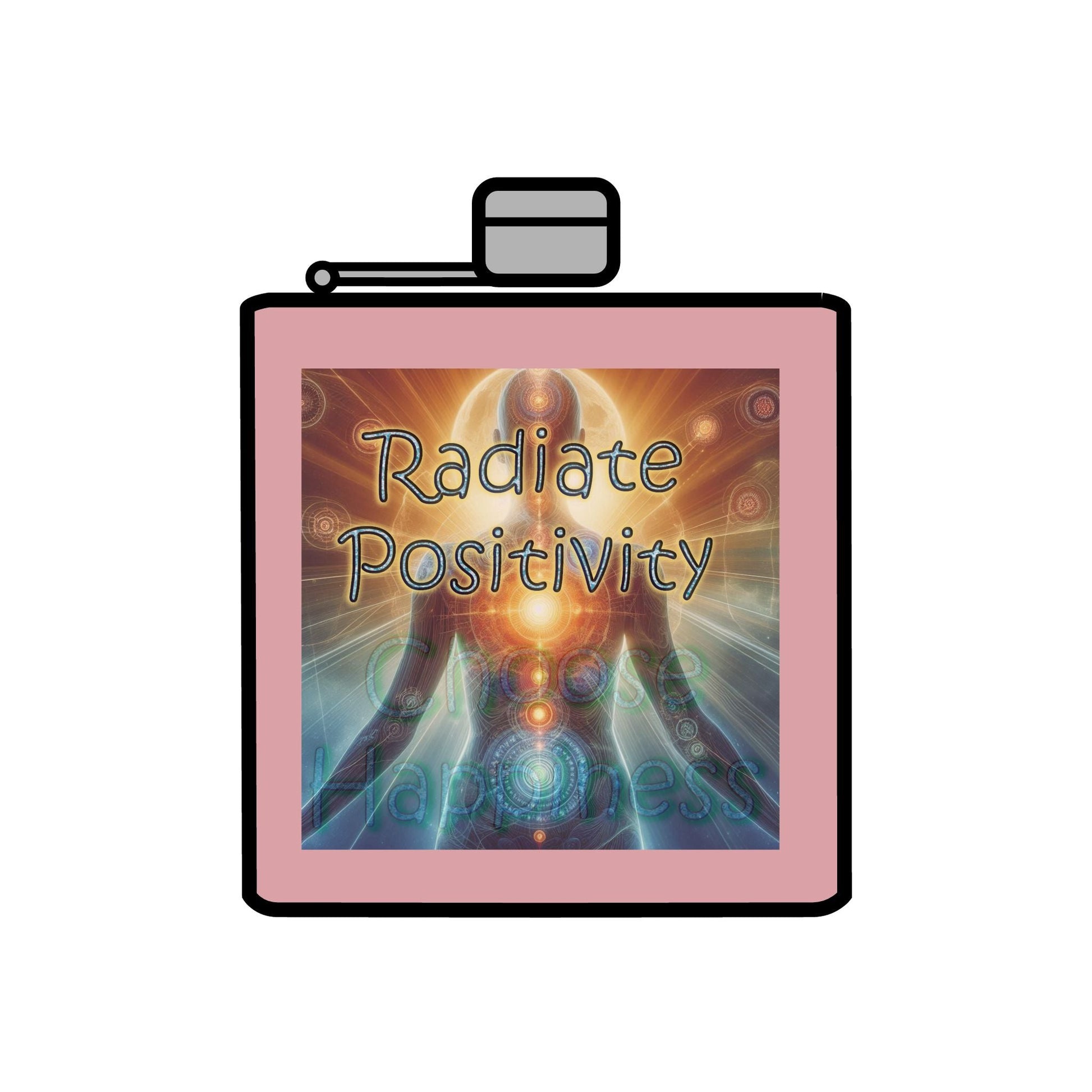 Pink 6oz stainless steel flask with Radiate Positivity design and sealed cap