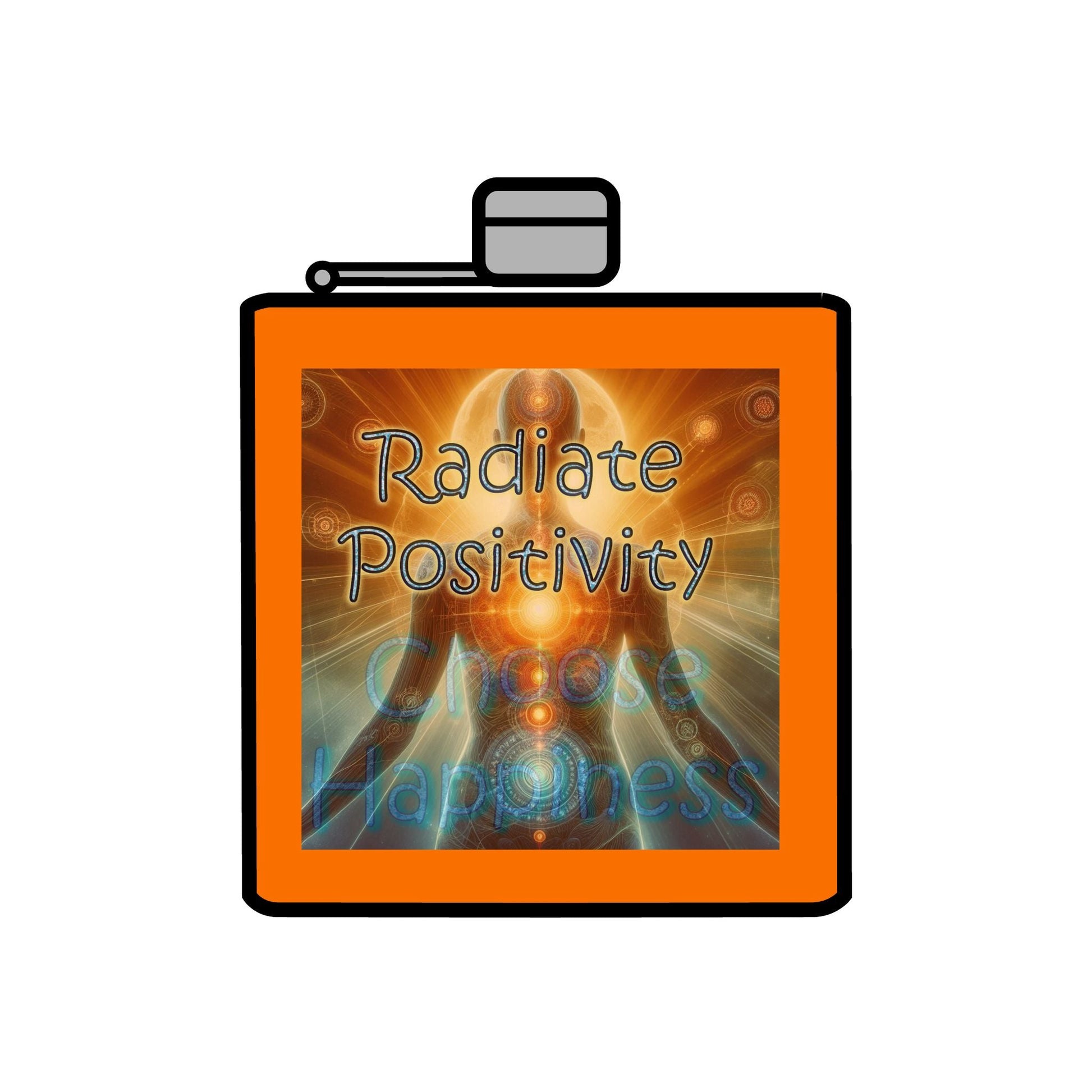 Orange 6oz stainless steel flask with Radiate Positivity and Choose Happiness design and screw cap