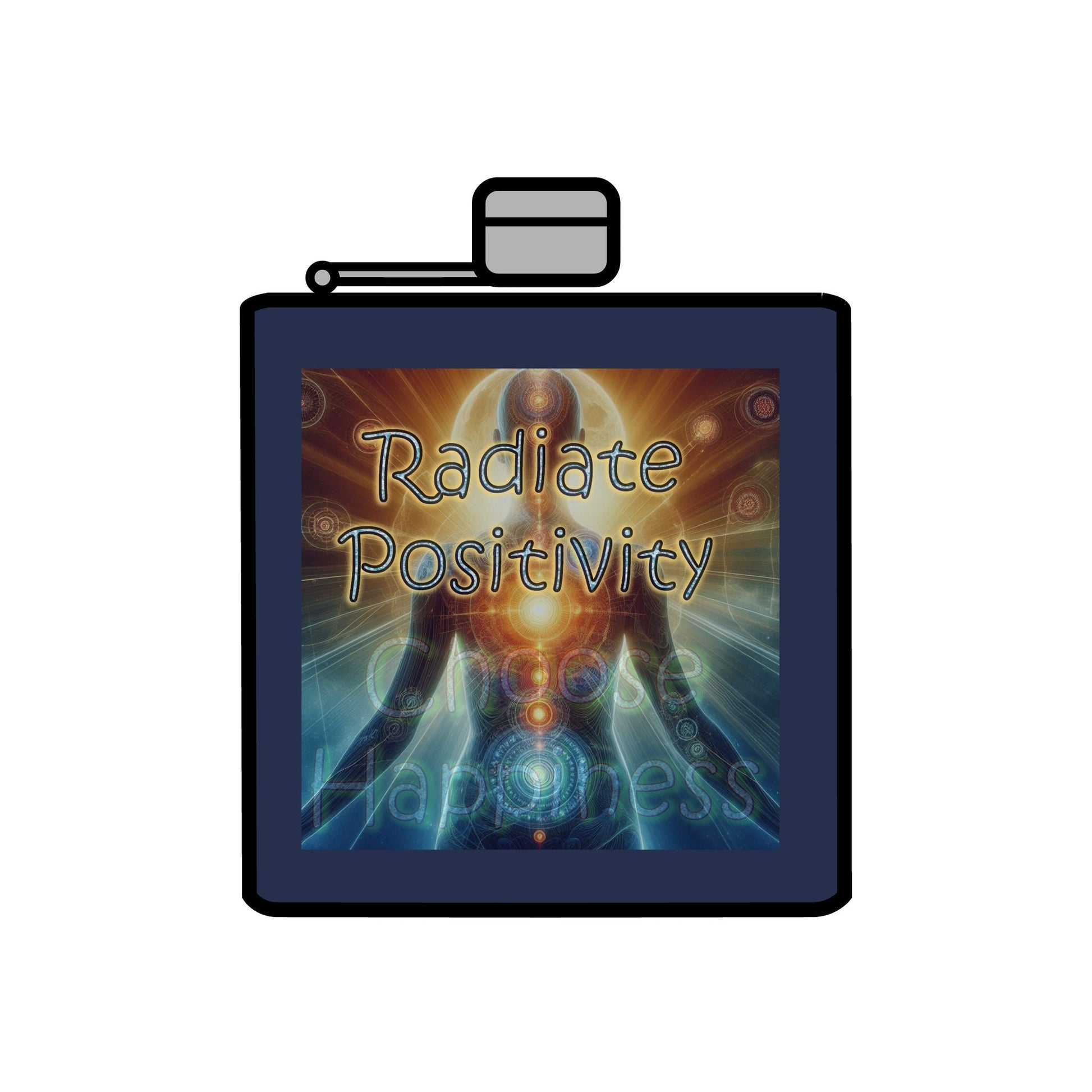6oz stainless steel flask with "Radiate Positivity" design and durable power-coated finish