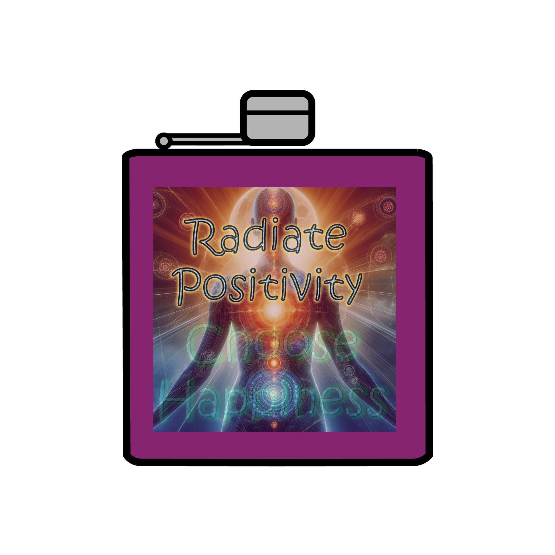 Purple stainless steel flask with Radiate Positivity design and motivational text