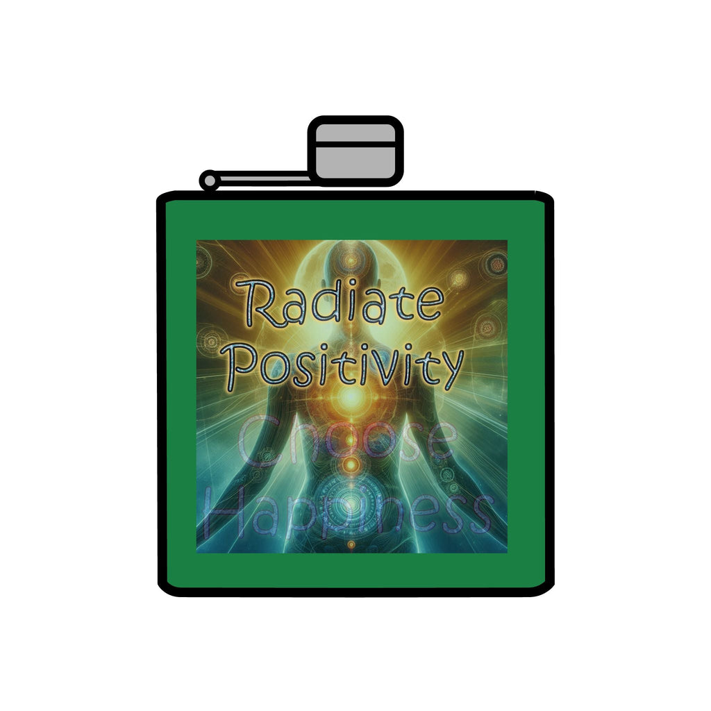 Green stainless steel flask with "Radiate Positivity" design and 6oz capacity