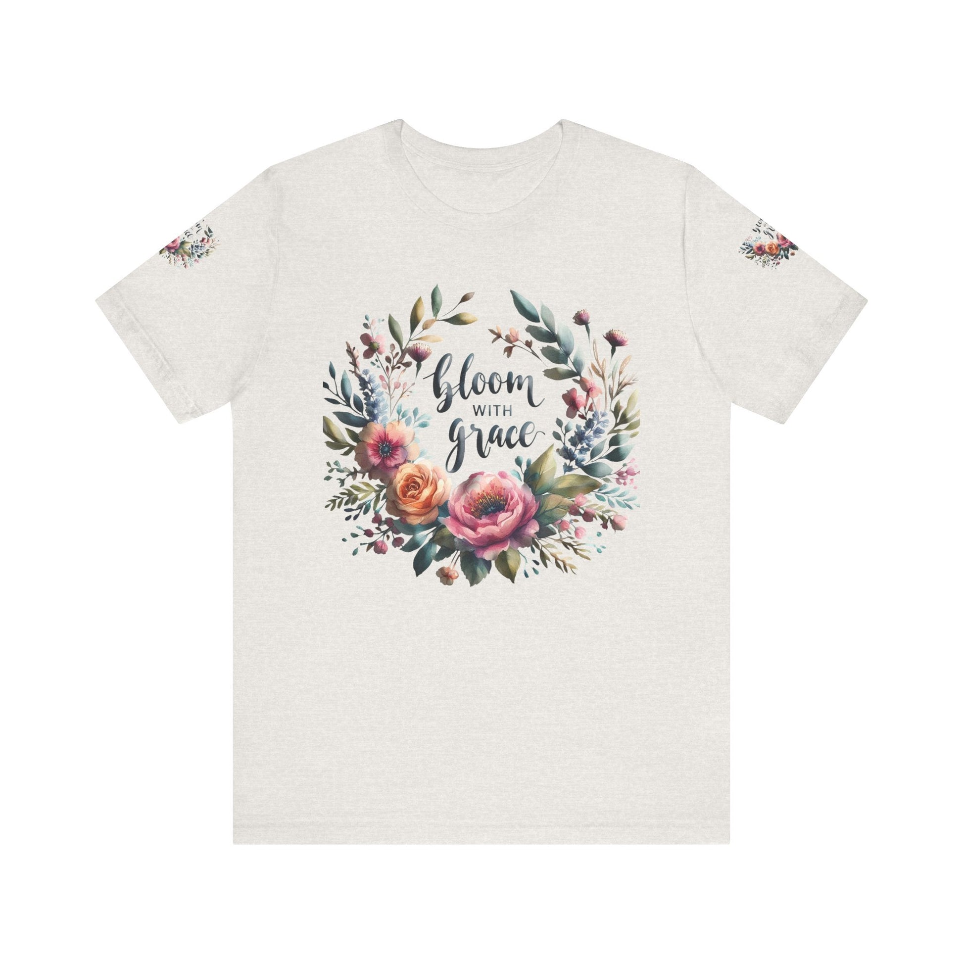 Floral Inspirational T-shirt with vibrant bloom design, perfect for spring fashion and motivational wear.