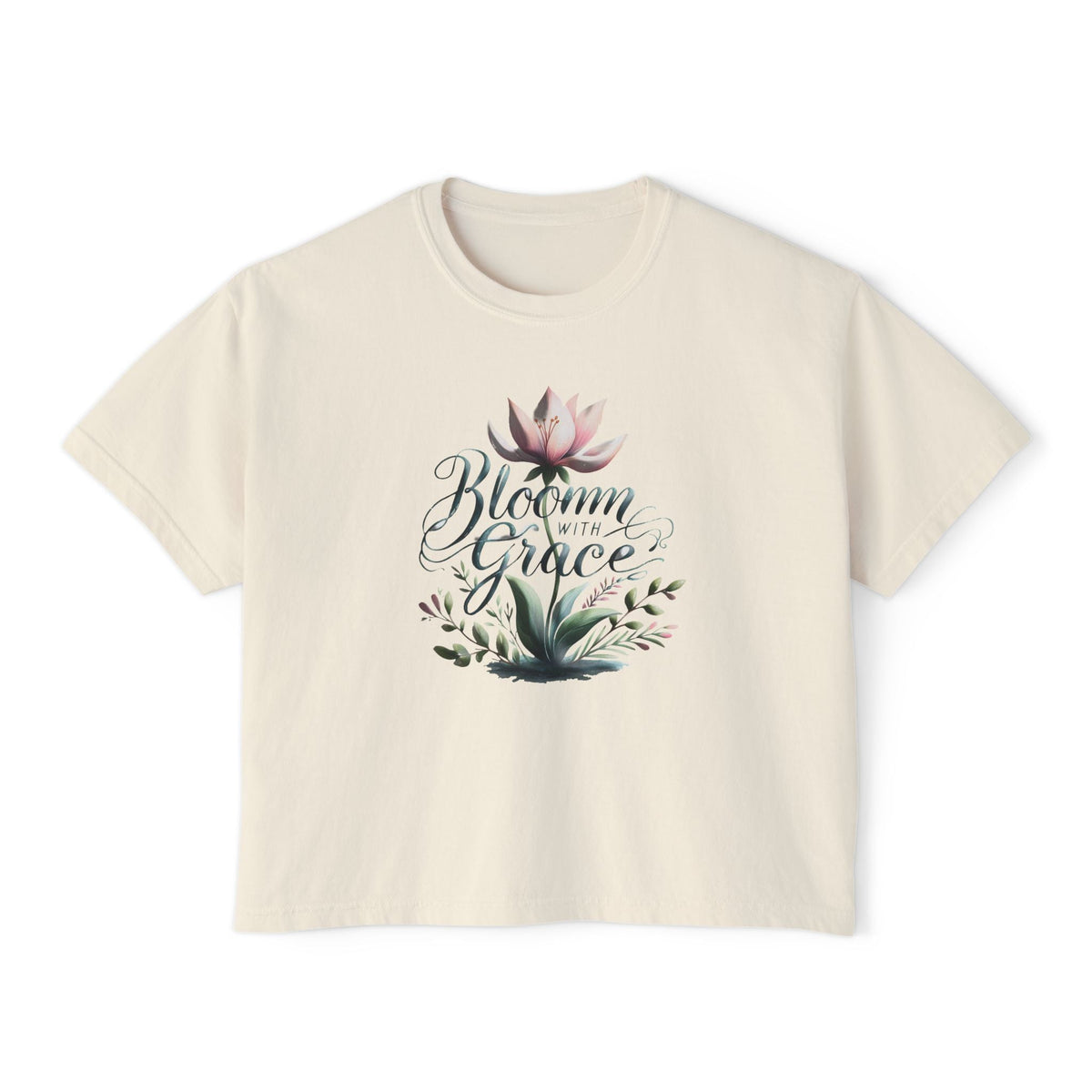 Womens Boxy T-shirt with floral "Bloom with Grace" design, casual summer top.
