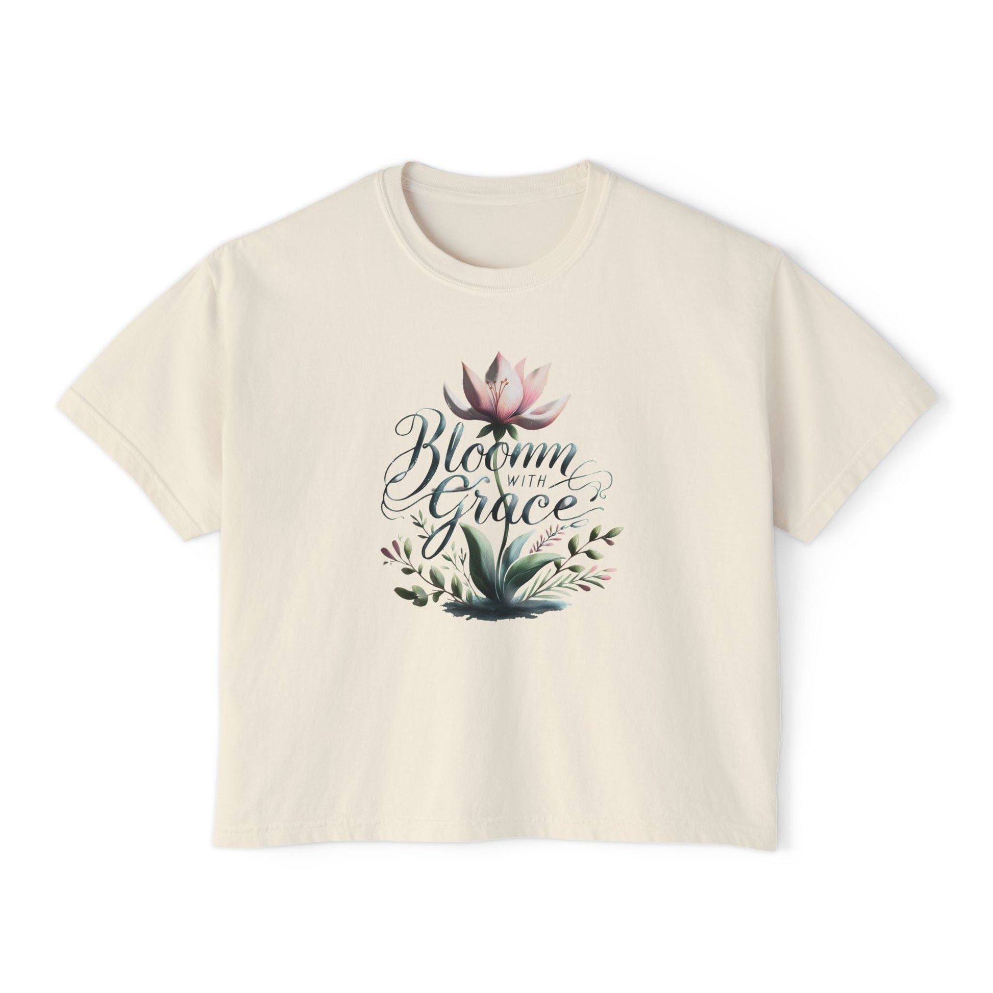 Womens Boxy T-shirt with floral "Bloom with Grace" design, casual summer top.