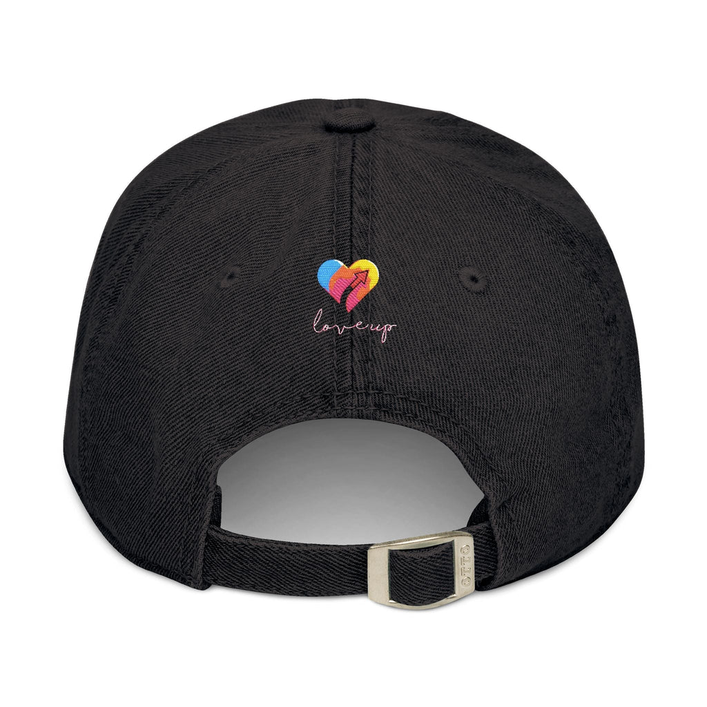 Embroidered Love Up Denim Hat with colorful heart design and adjustable strap.