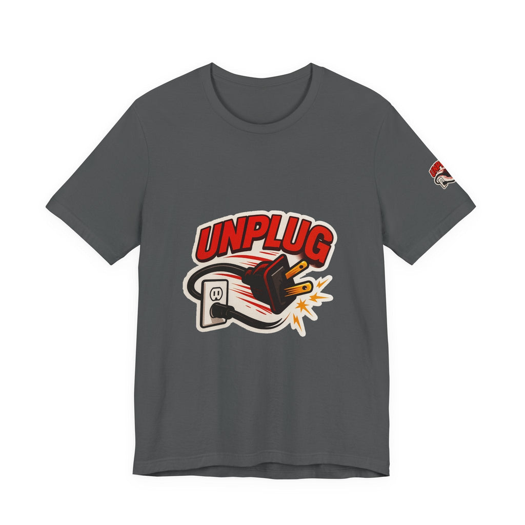 Unplugged Vibes T-shirtwith bold unplugging graphic on dark gray unisex short sleeve shirt for casual and energy saver style