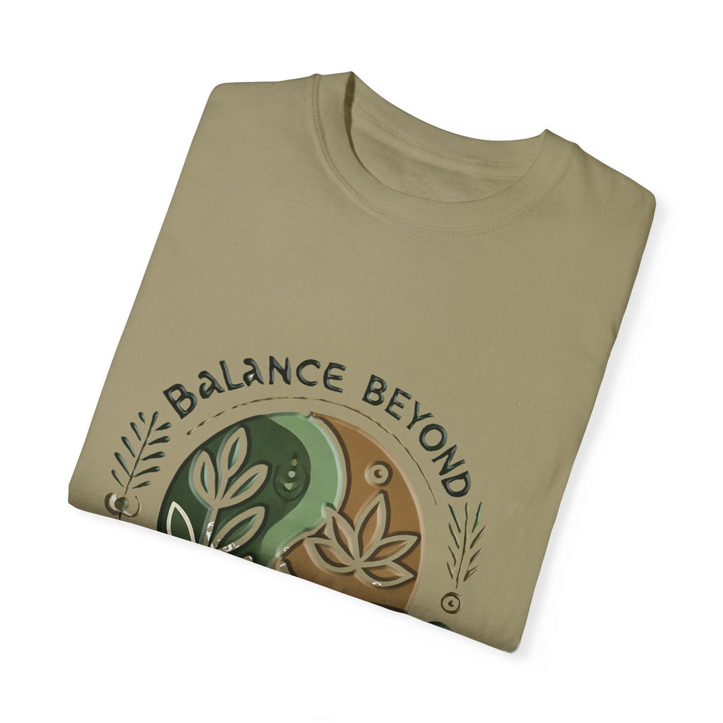 Balance Beyond Medication Unisex Garment-Dyed T-Shirt, folded, with nature-inspired design.