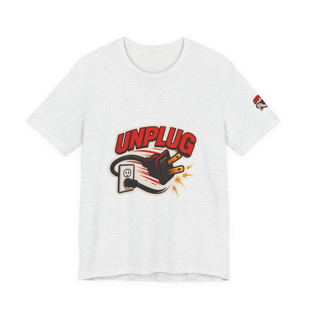 White Unisex Jersey Short Sleeve T-shirt with bold red "UNPLUG" graphic featuring a power plug being unplugged from a socket, casual and comfortable energy saver shirt.