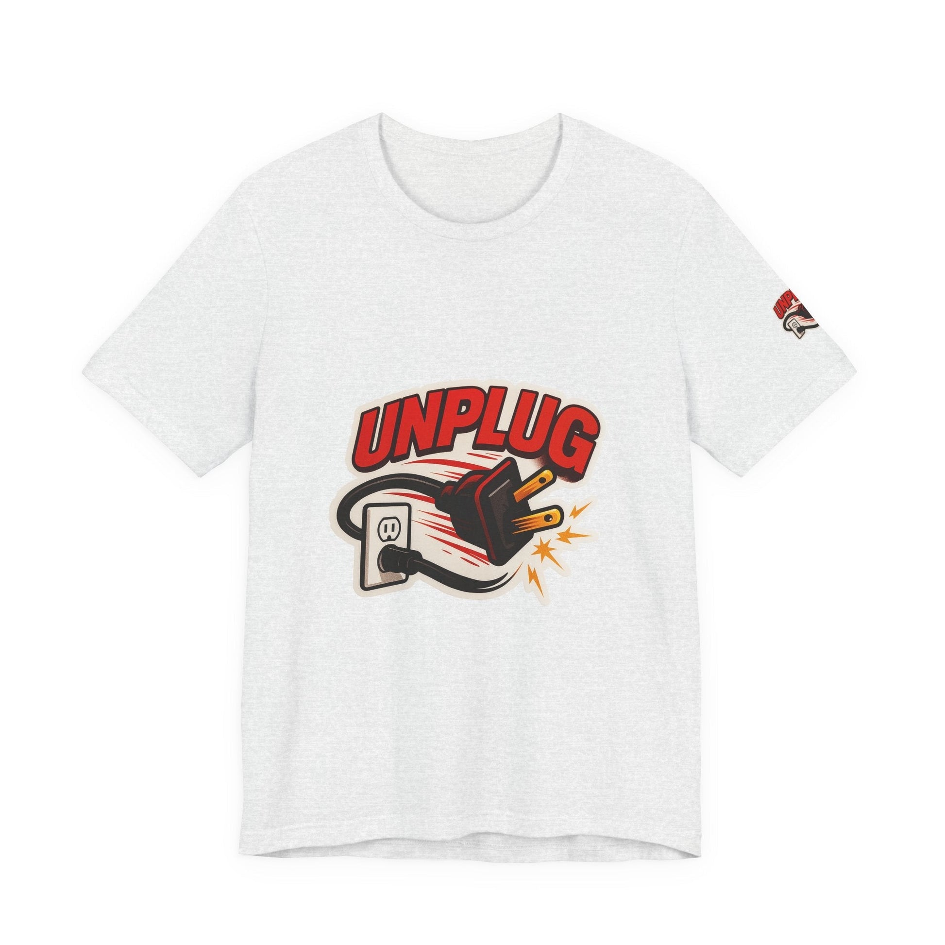 White Unisex Jersey Short Sleeve T-shirt with bold red "UNPLUG" graphic featuring a power plug being unplugged from a socket, casual and comfortable energy saver shirt.