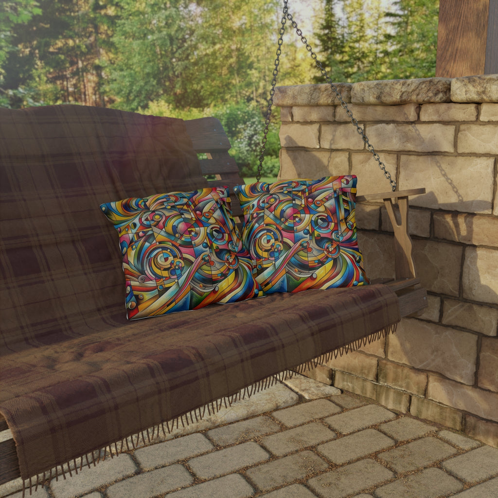Colorful stylish outdoor pillows on a patio swing with stone wall background