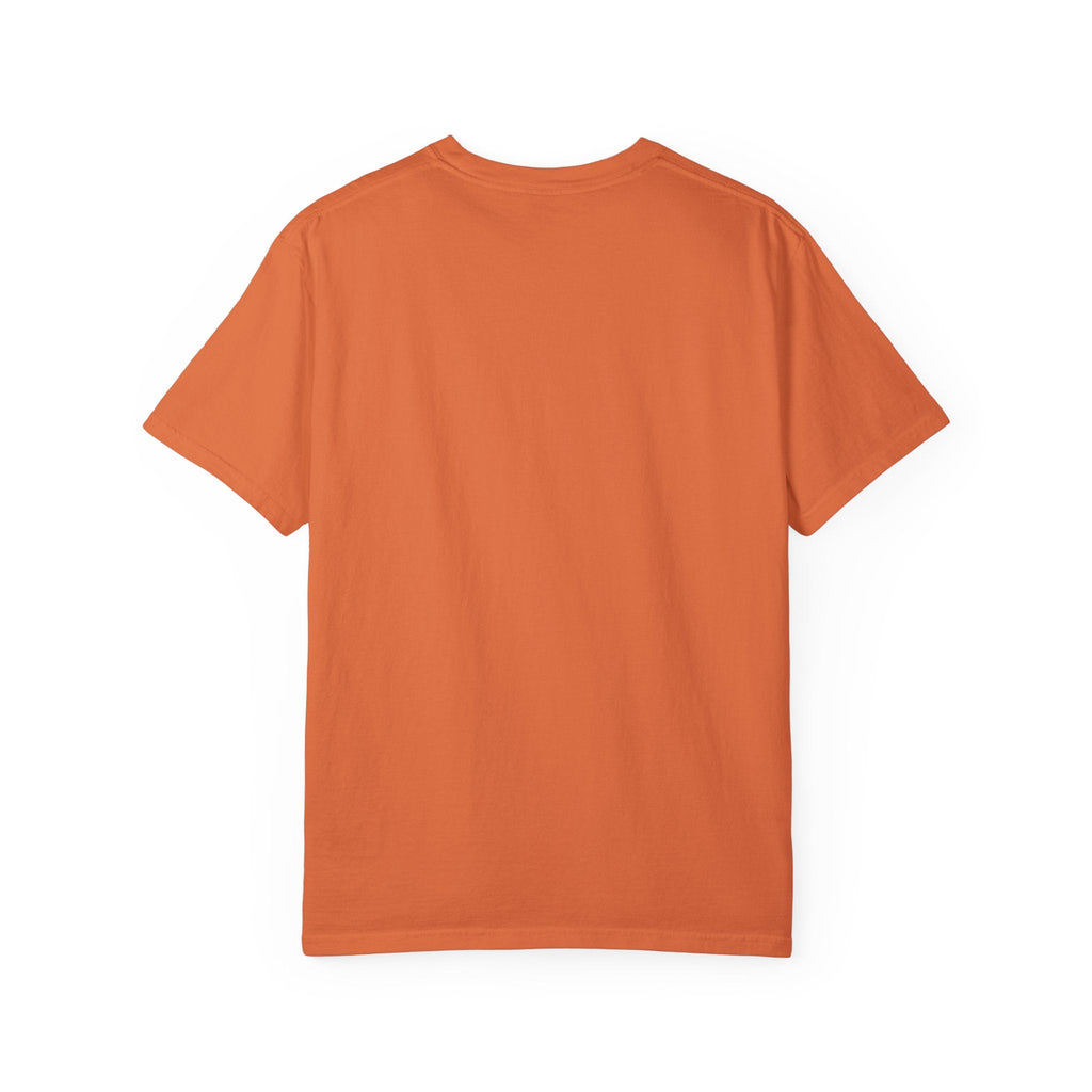 Unisex garment-dyed t-shirt in orange color, showcasing durable stitching and soft texture.