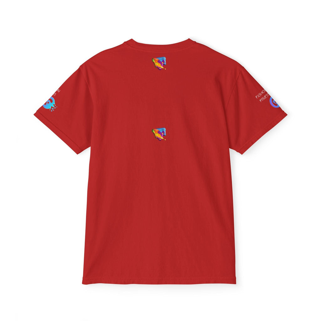 Unisex garment-dyed pocket T-shirt in red, featuring vibrant eco-friendly prints and a relaxed fit, made from 100% ethically sourced cotton.