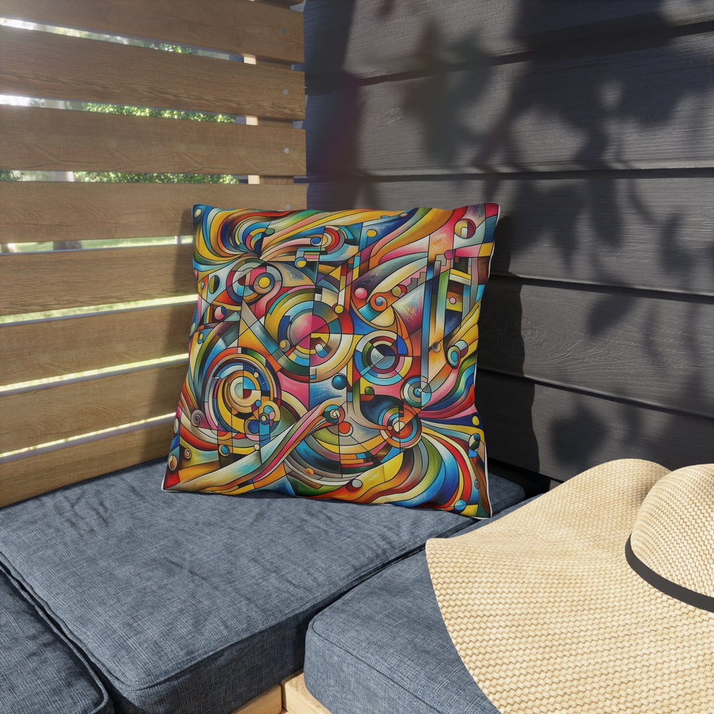 Colorful abstract patterned outdoor pillow on gray patio seating with straw hat nearby