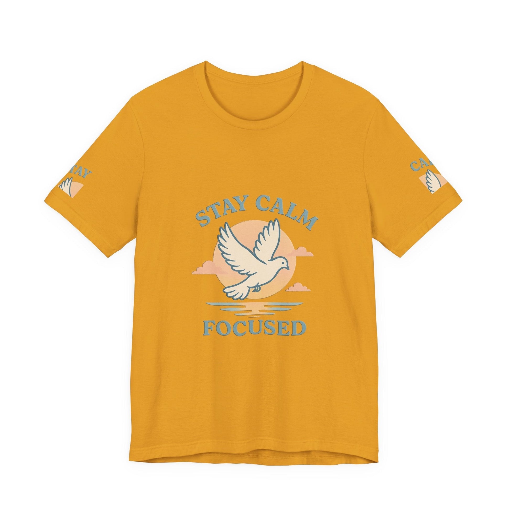 Unisex yellow T-shirt with "Stay Calm Focused" text and dove graphic for inspirational casual wear