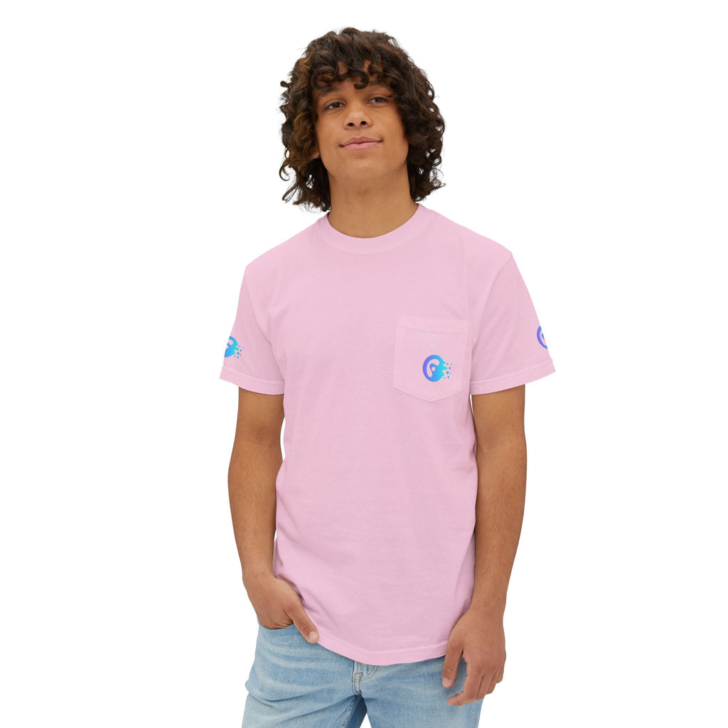 Unisex Garment-Dyed Pocket T-Shirt in pink with chest pocket, worn by a person standing in blue jeans.