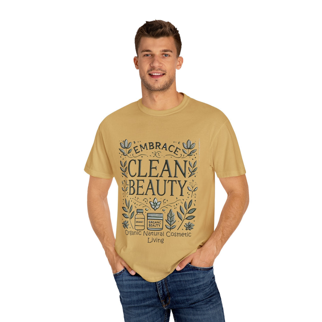 Clean Beauty Unisex T-Shirt - Organic Natural Cosmetic Living Tee in beige with printed design.