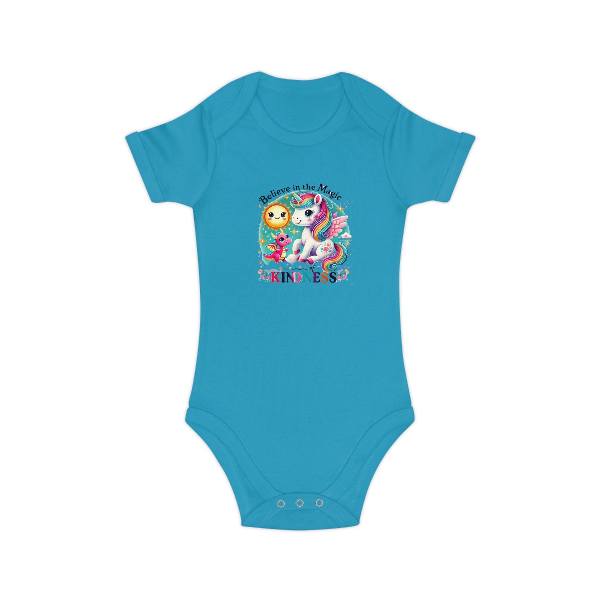 Combed cotton baby bodysuit with "Believe in the Magic of Kindness" print, blue.