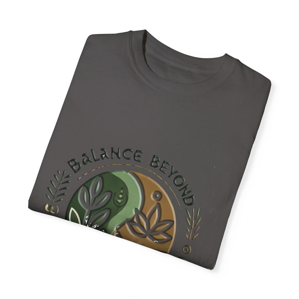 Balance Beyond Medication Unisex Garment-Dyed T-Shirt folded with unique design and soft texture.