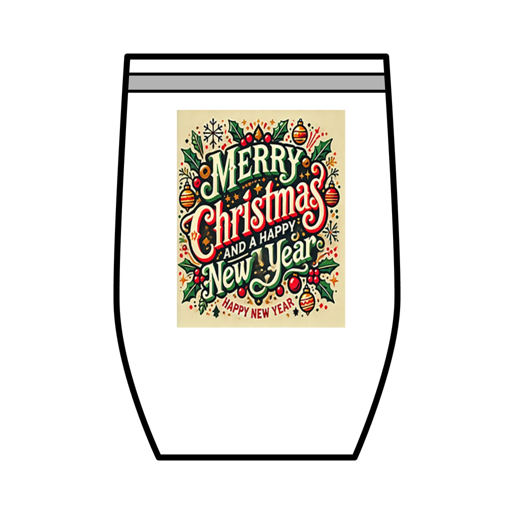 12oz stainless steel wine tumbler with Merry Christmas and Happy New Year festive design and clear lid