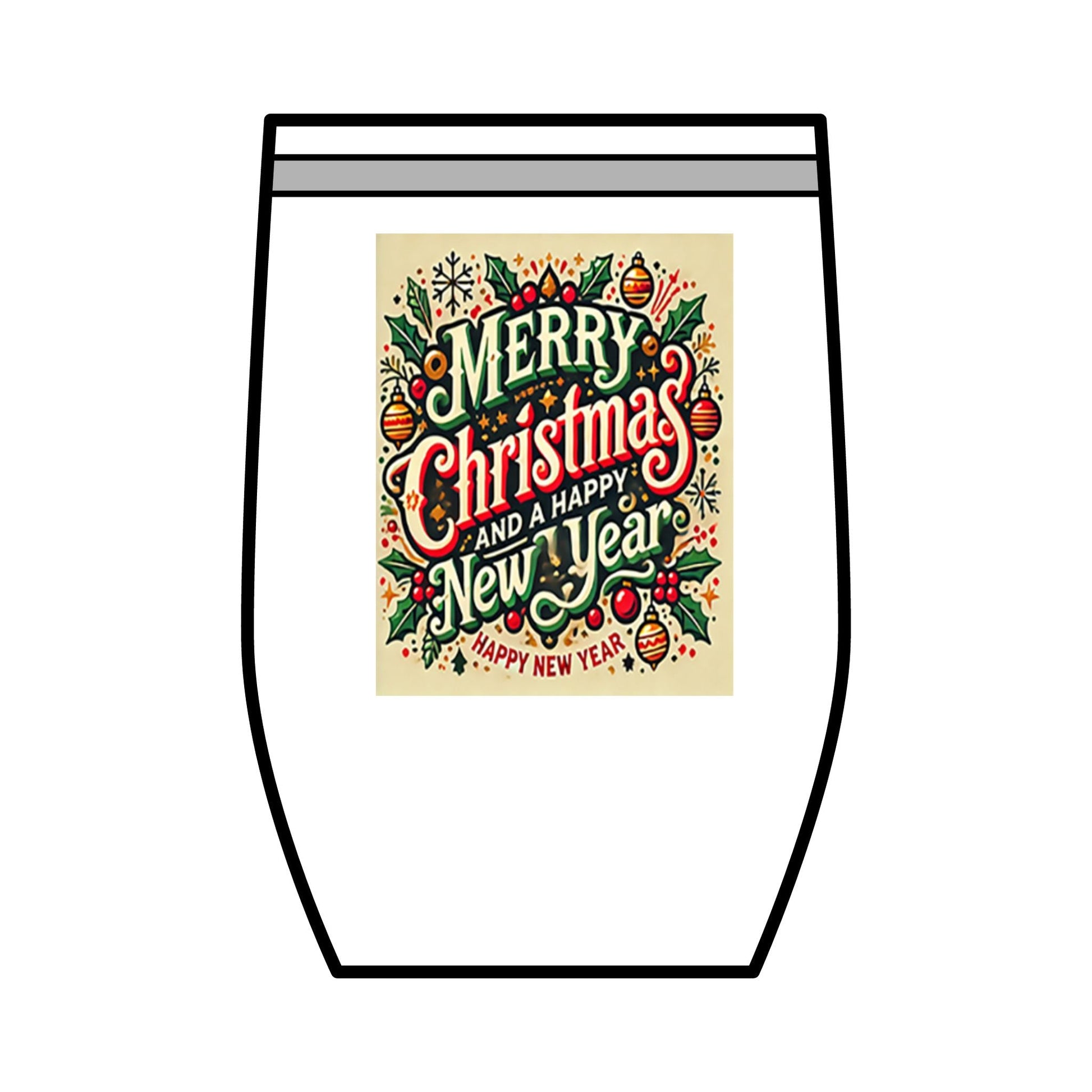 12oz stainless steel wine tumbler with Merry Christmas and Happy New Year festive design and clear lid