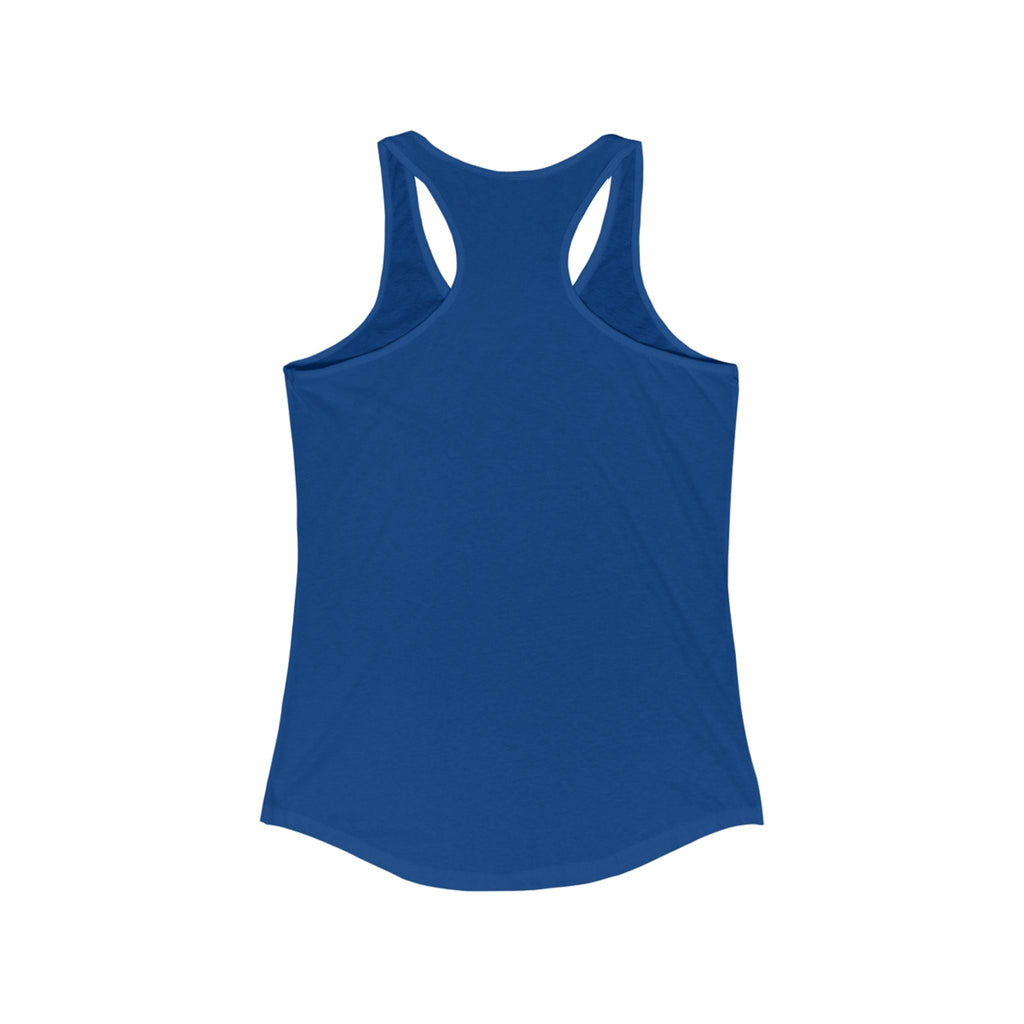 Blue quirky graphic racerback tank for women showing back design with scooped neckline and classic fit.